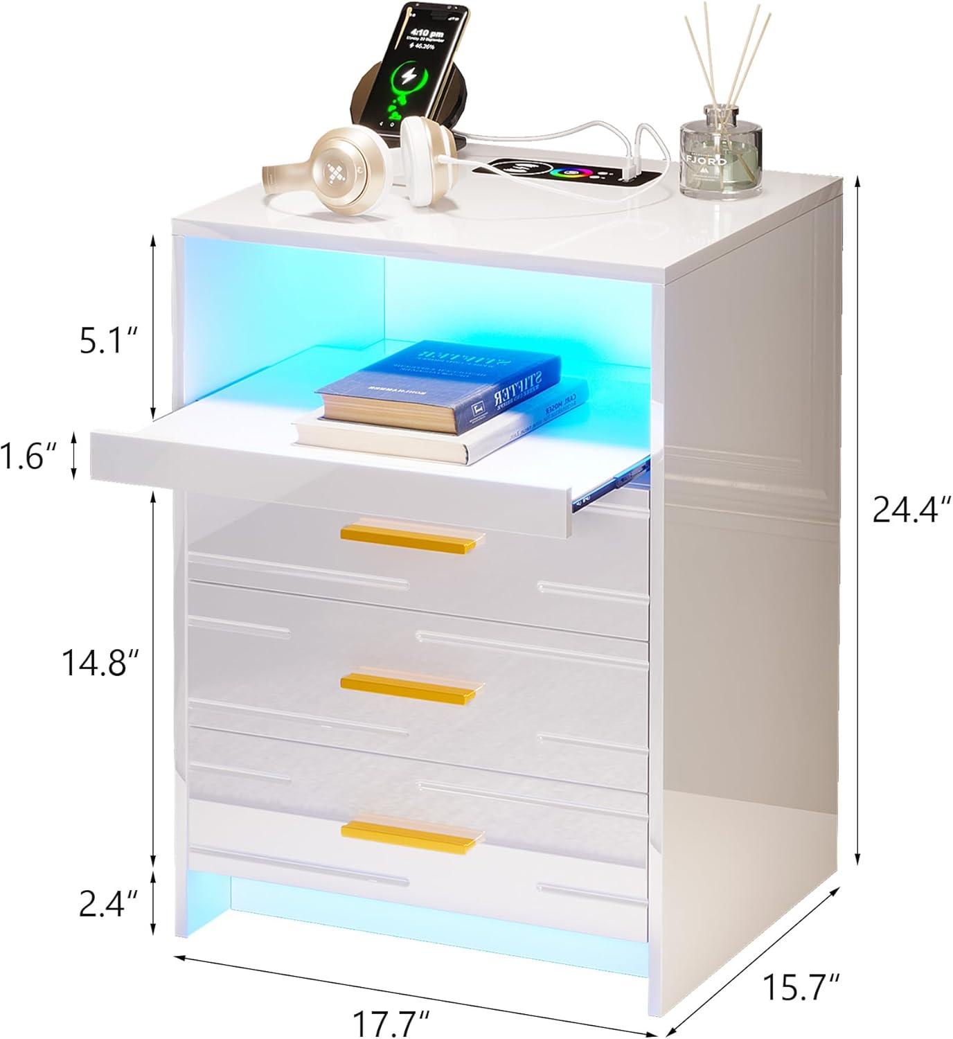 HNEBC Smart LED Nightstand with Wireless Charging & USB Ports, High Glossy Night Stand with 3 Drawers and 1 Pull-Out Tray, Modern Bedside Table with Human Sensor for Bedroom (White)