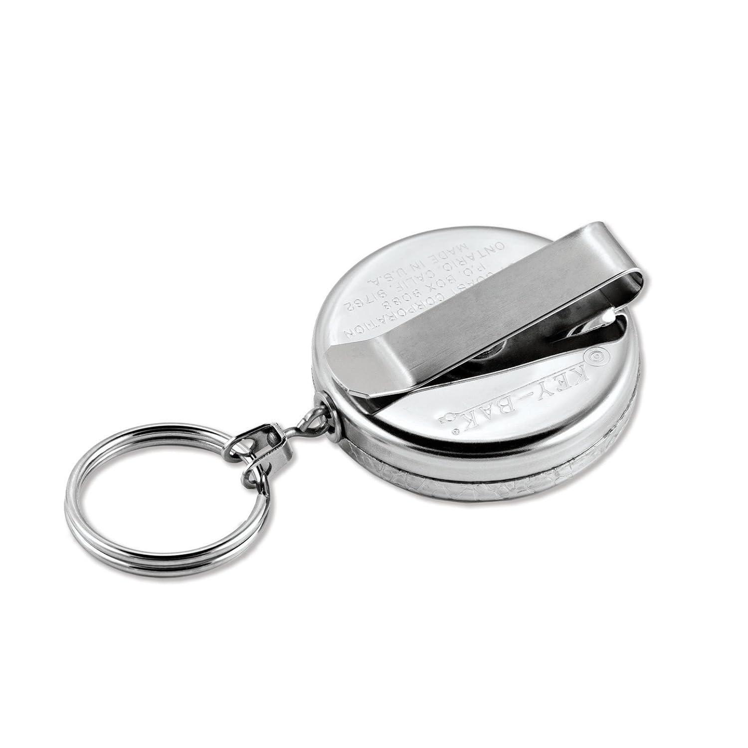 KEY-BAK Original Chain Retractable Keychain with 24" Stainless Steel Chain, Chrome Front, Steel Belt Clip, 8 oz. Retraction, Split Ring
