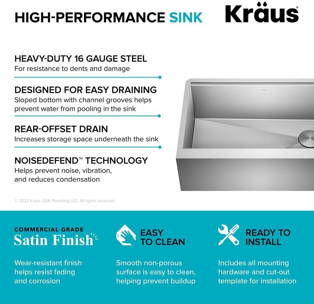 KRAUS Kore™ Workstation 30-inch L 16 Gauge Stainless Steel Single Bowl Farmhouse Kitchen Sink with Accessories