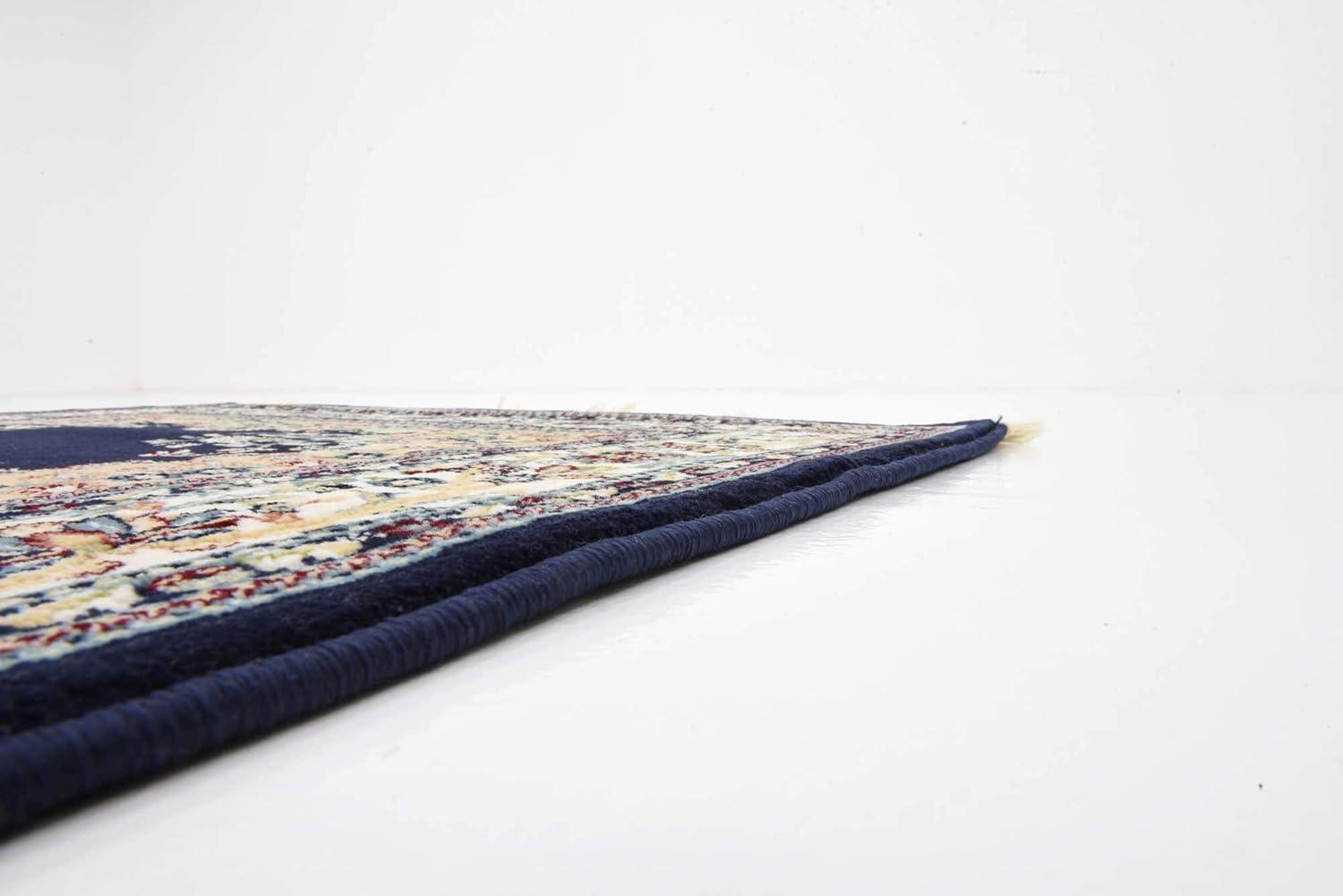 Navy Blue and Tan Stain-Resistant Synthetic Runner Rug