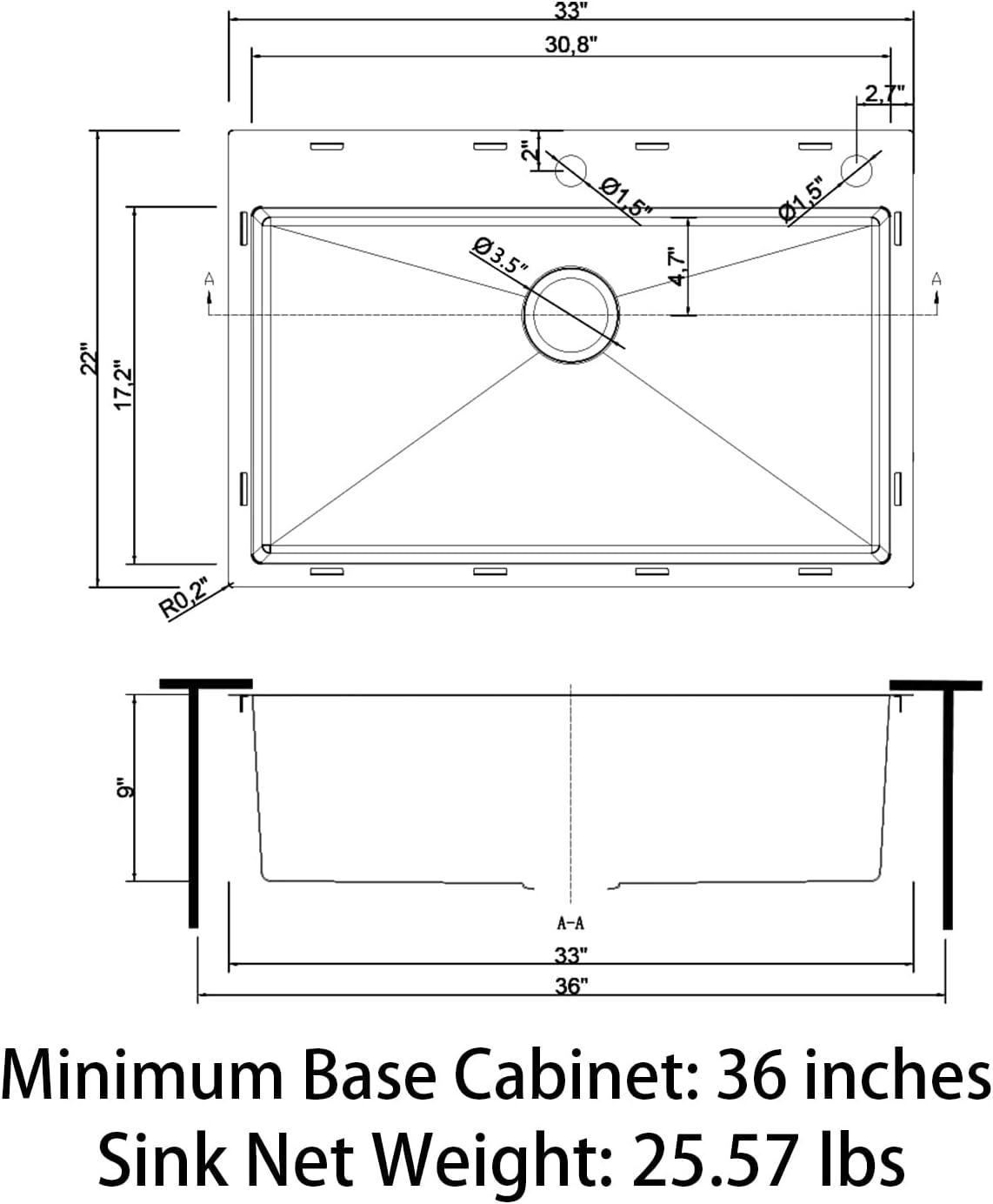 Sinber 33" x 22" Drop In Single Bowl Kitchen Sink with 18 Gauge 304 Stainless Steel Finish
