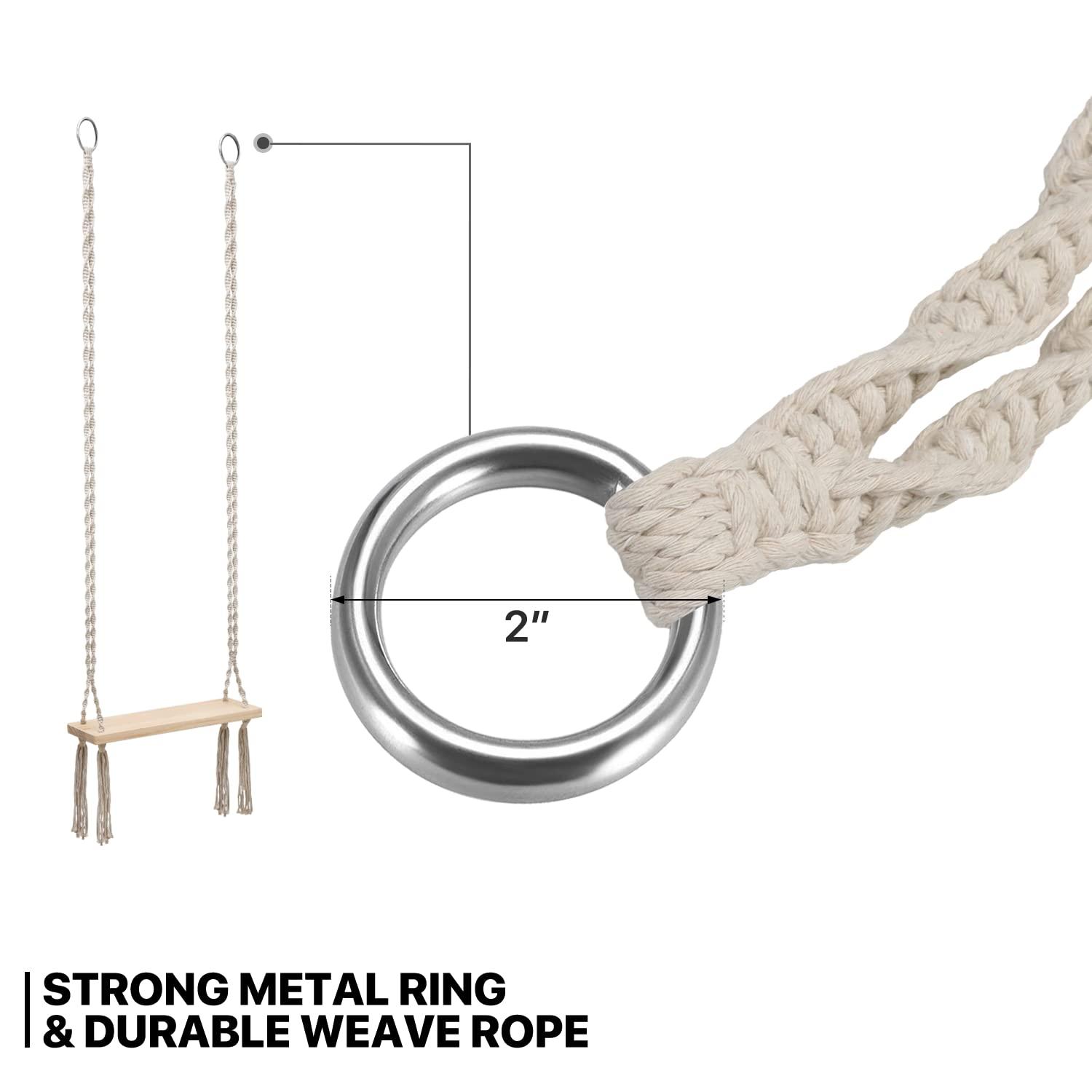 MoNiBloom Wooden Swing, Outdoor Flat Bench Seat with Metal Ring, Tree Swing with 350lbs Load for Adult Kids Garden Yard Indoor Outdoor, Beige