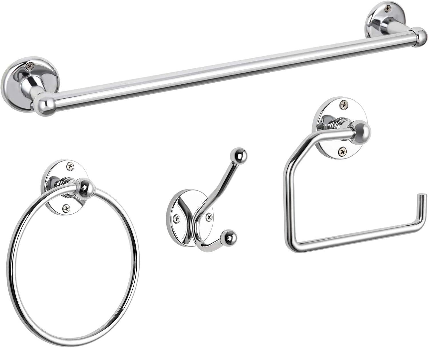 Polished Chrome 4-Piece Bathroom Hardware Set with Towel Bar