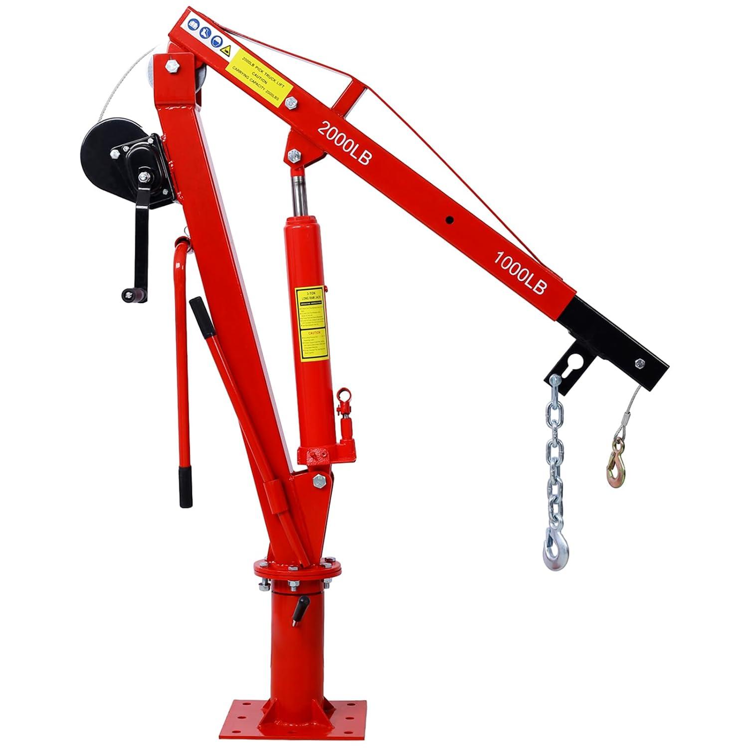 Hydraulic Pickup Truck Crane with Hand Winch , Pickup Truck Bed Hoist Jib Crane- 2000-Lb. Capacity Red