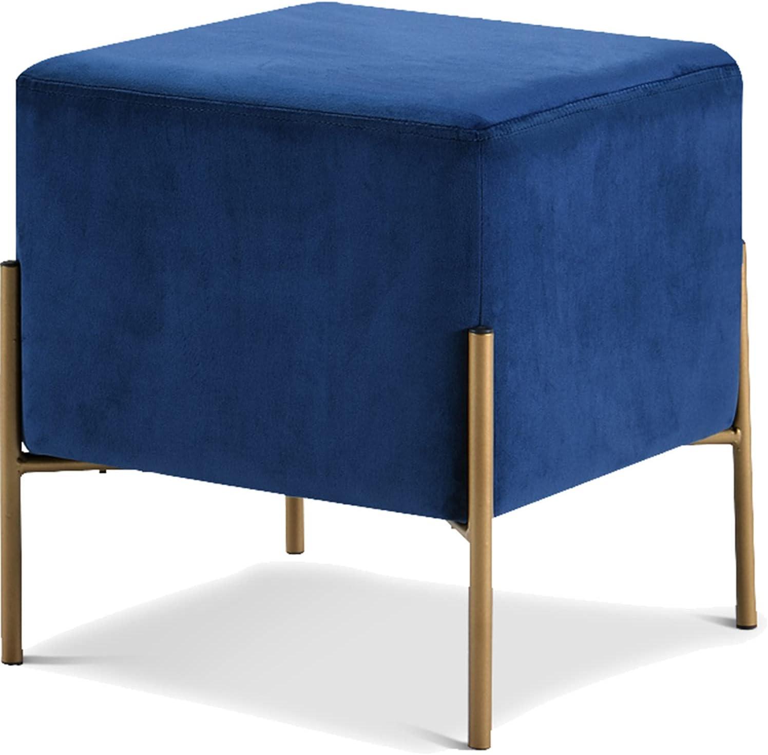 Isla Navy Velvet Square Pouf with Gold Stainless Steel Legs, 15.5"