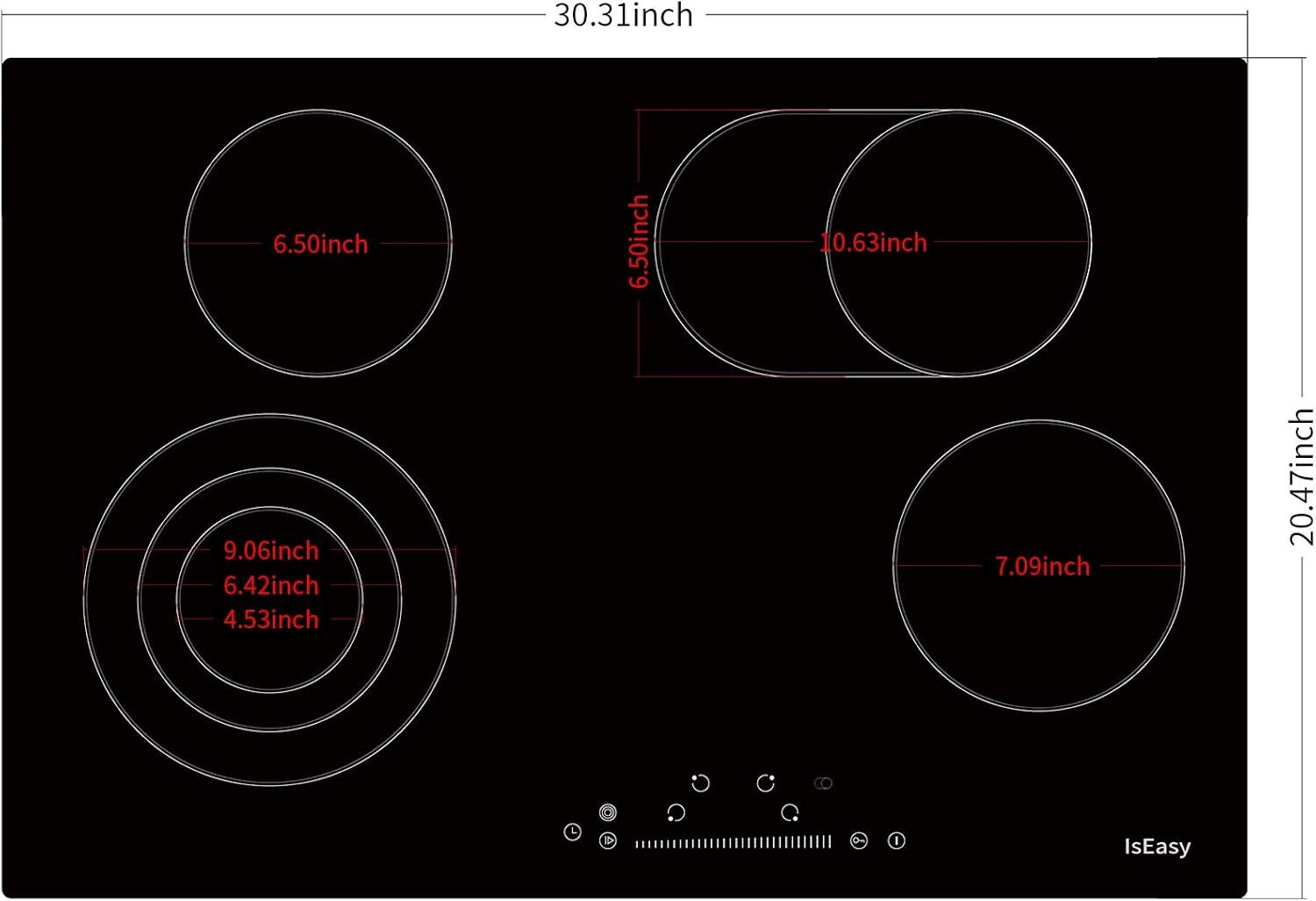 IsEasy 4 Burner Electric Cooktop 30 Inch Built-In Ceramic Cooktop Top, Electric Radiant Cooktop with Pause Function, Electric Stove Top, 220-240V 7200W, 9 Power Levels, Flexible Heating Zones