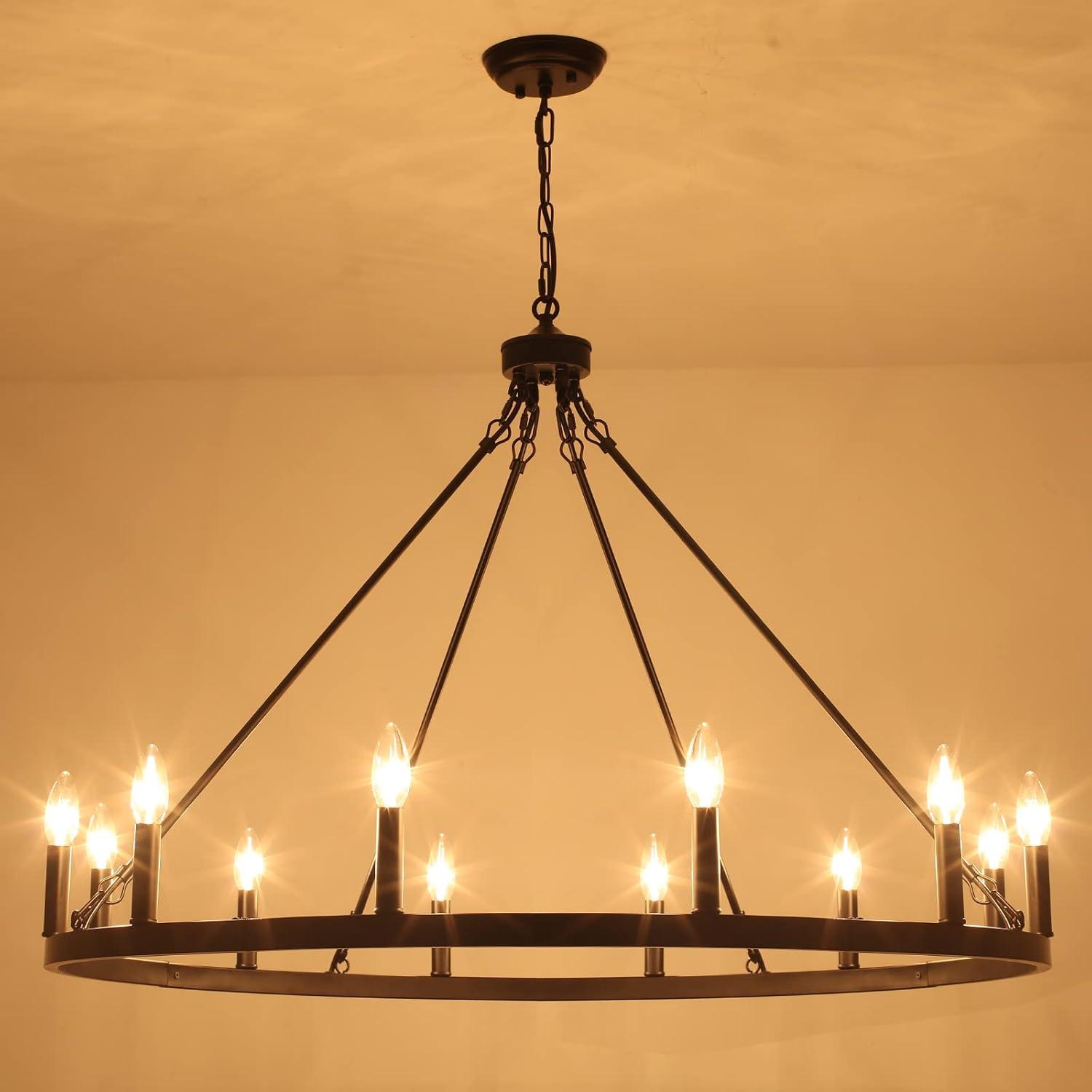 Black 38" Wagon Wheel 12-Light Industrial Farmhouse Chandelier