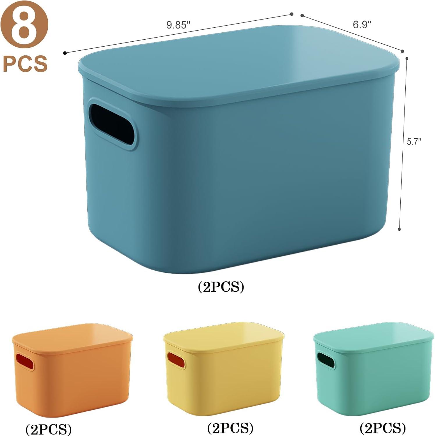 8 Pieces Colorful Storage Bins with Lid and Handle, Plastic Stackable Baskets Desktop Cube Box Cubby Bins Containers for Shelf Cabinet Bedroom Office (Multi-colored,14.2 x 10.2 x 9.5 Inch)