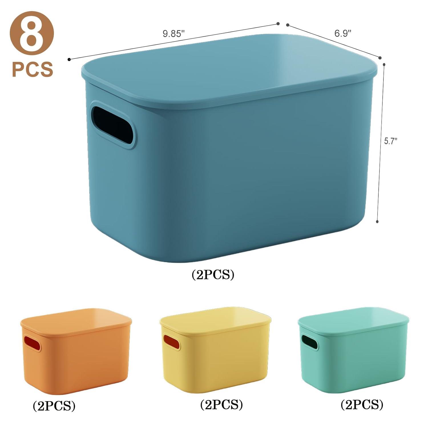 8 Pieces Colorful Storage Bins with Lid and Handle, Plastic Stackable Baskets Desktop Cube Box Cubby Bins Containers for Shelf Cabinet Bedroom Office (Multi-colored,14.2 x 10.2 x 9.5 Inch)