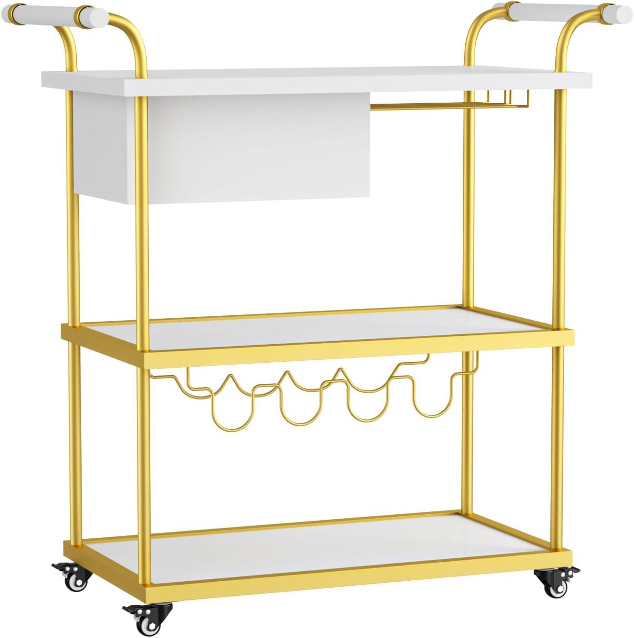 Gold and White 3-Tier Metal Bar Cart with Wine Rack