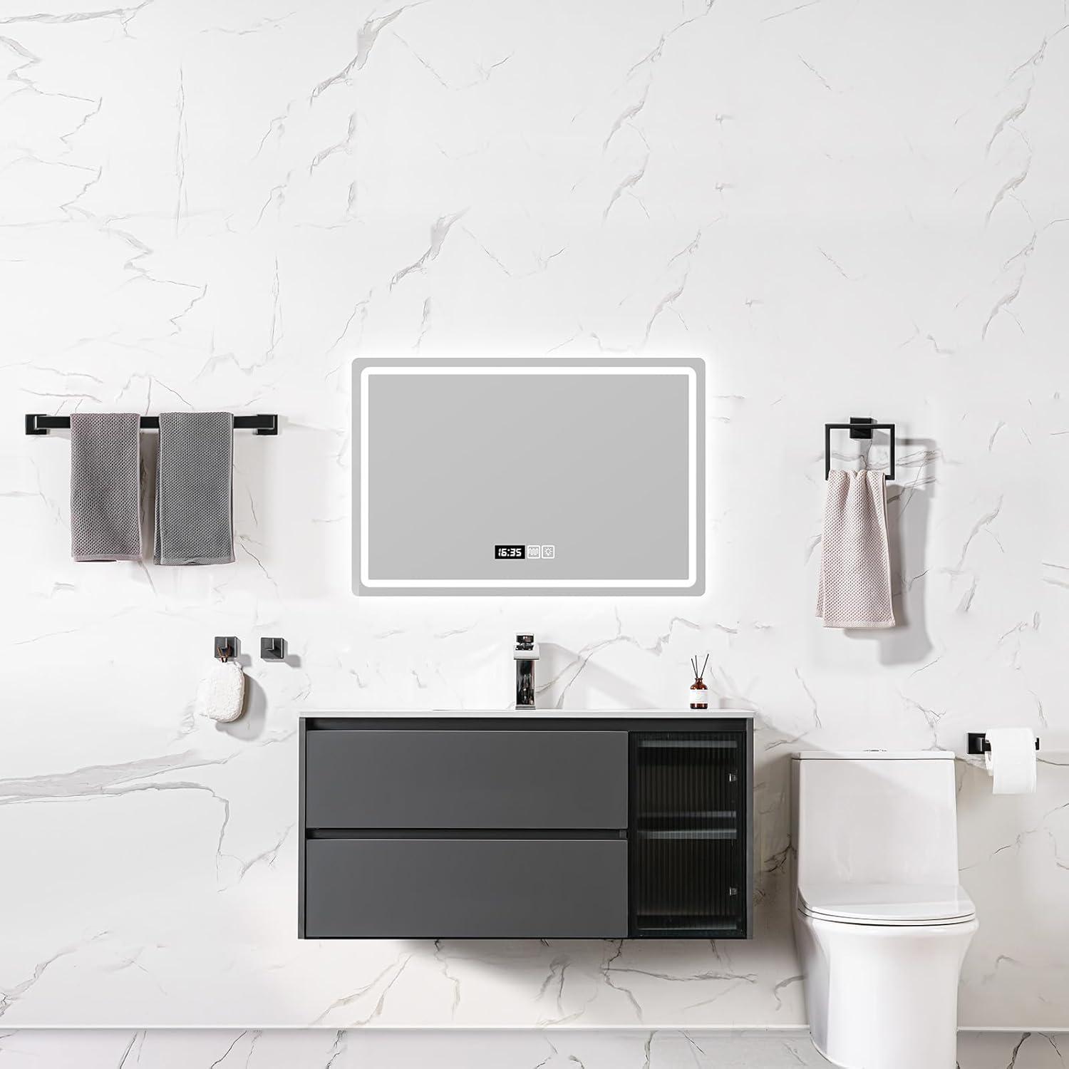 5 Pieces Square Matte Black Stainless Steel Bathroom Accessories Set Include 23.6 in Towel Bar, Toilet Paper Holder, Towel Ring, 2 Robe Towel Hooks