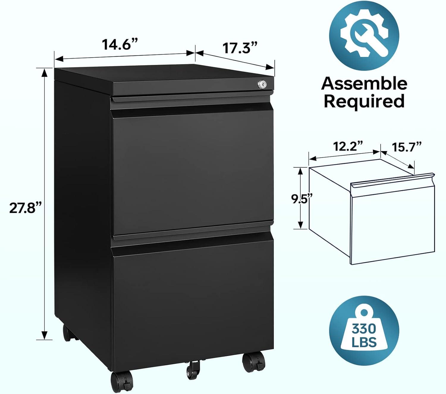 2 Drawer File Cabinet on Wheels, Home Office Mobile Under Desk with Lock, Vertical Files Drawers for Legal/Letter/A4