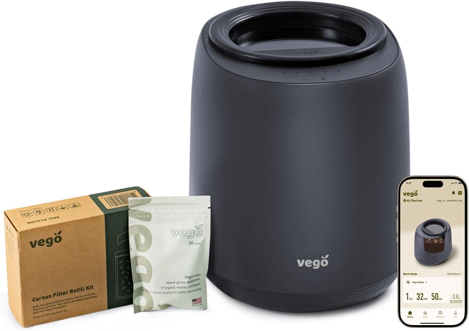 Vego Smart Kitchen Composter, 4L Electric Composter for Kitchen 5 Modes Weight-Based Smart Compost Bin with App Odorless Auto-Cleaning Food Waste Compost Machine Indoor, Black