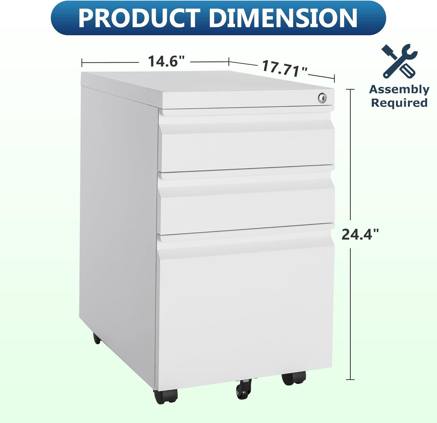 3 Drawer Mobile File Cabinet with Lock, Rolling File Cabinets for Home Office, Under Desk Small File Caninet on wheels, Metal Vertical White Filing Cabnet for Legal/Letter/A4 - Assembly Required