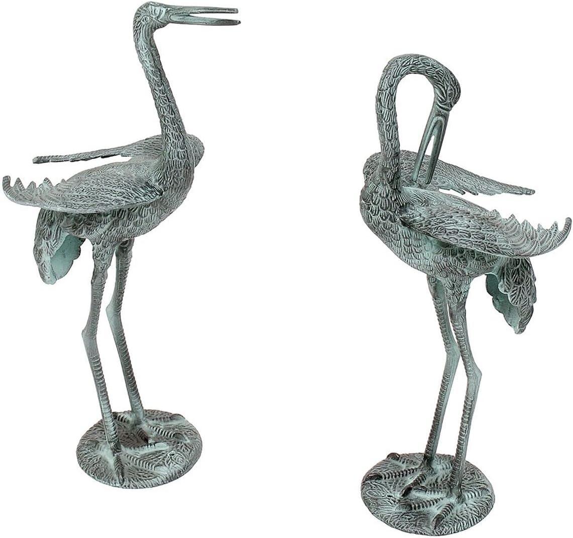 Antique Verdi Aluminum Preening Crane Pair Garden Statues