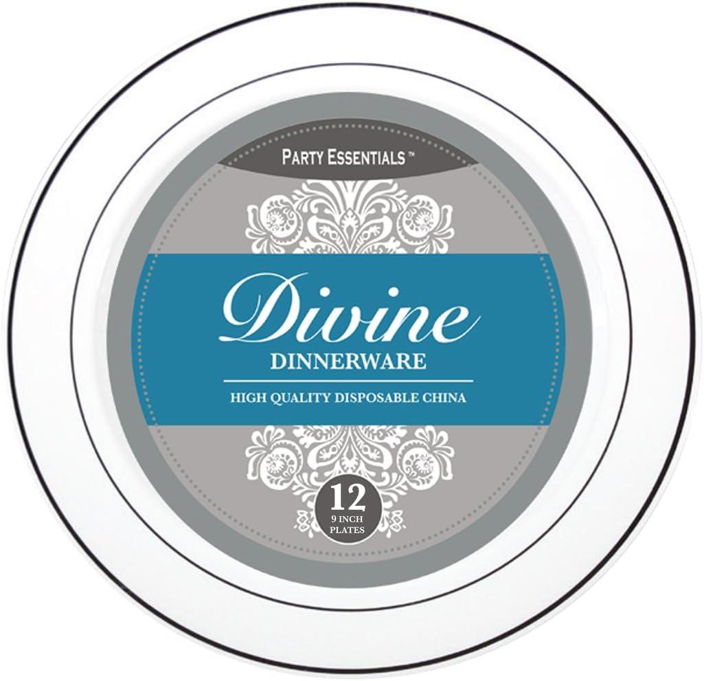 Party Essentials 12-Count Hard Plastic 9" Divine Dinnerware Disposable China Lunch/Dinner Plates, White with Silver Band