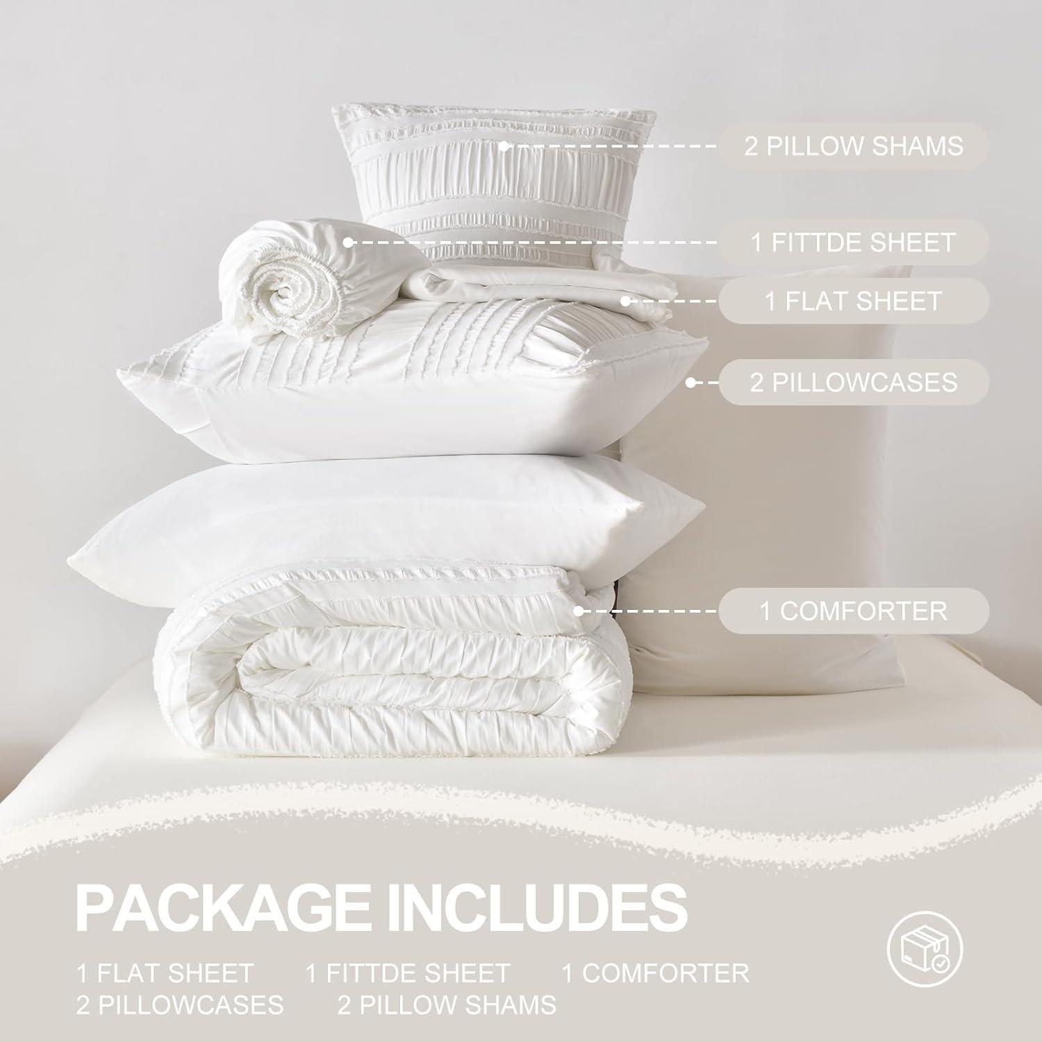 Queen Comforter Set 7 Pieces, White Tufted Bed in a Bag with Comforter and Sheets, All Season Boho Bedding Sets with 1 Comforter, 2 Pillow Shams, 2 Pillowcases, 1 Flat Sheet, 1 Fitted Sheet