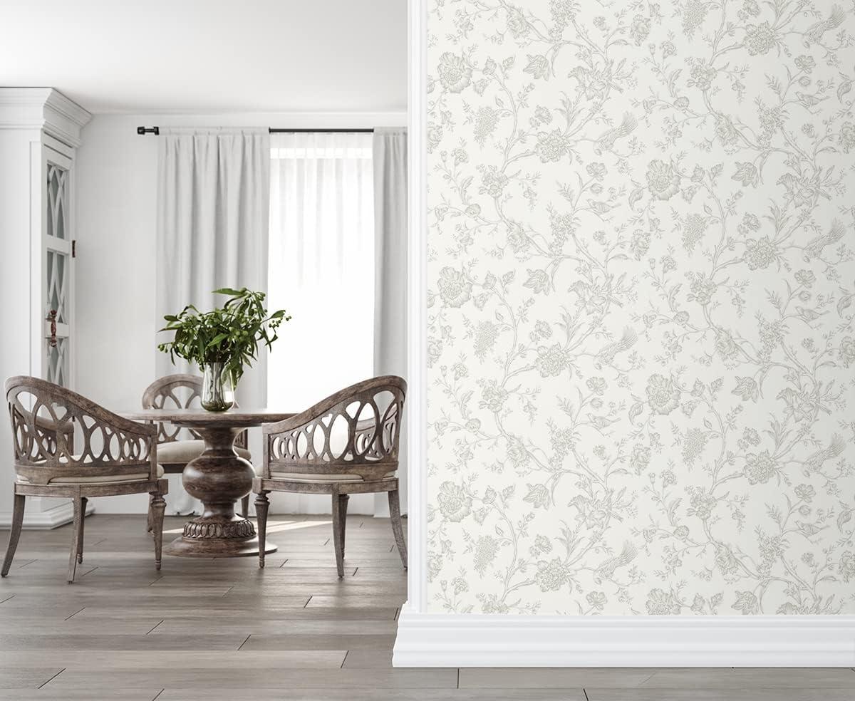 Harbor Mist Grey Vinyl Chinoiserie Peel and Stick Wallpaper