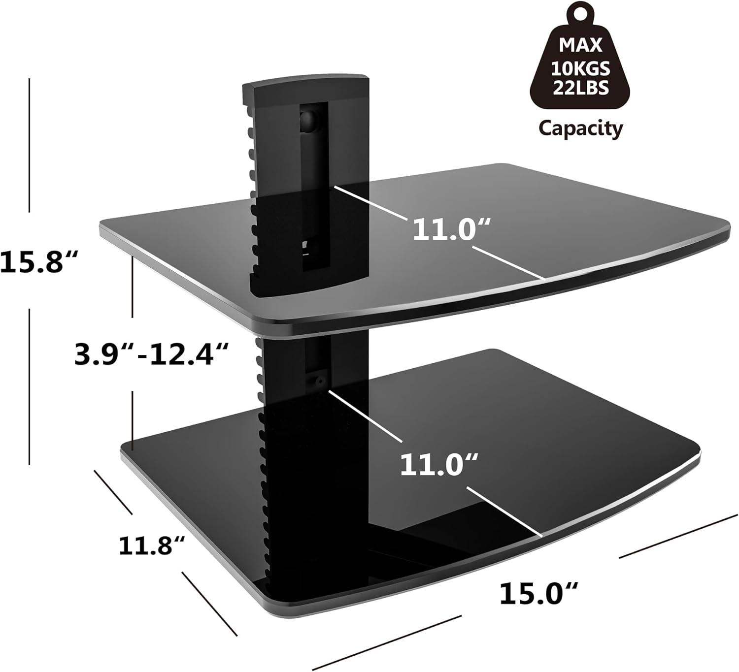 FITUEYES 2 Tiers Av Shelf Wall Mount  Black Bracket Stand for Xbox /Cable Boxes/Gaming Systems