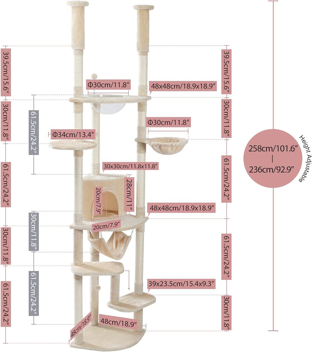 PEQULTI Floor to Ceiling Cat Tree 92.9’’-101.6’’ Height Adjustable Cat Tower Tall Kitty Climbing Play House with Scratching Posts, Cozy Condo, Perches and Large Hammock for Indoor Cats Gray