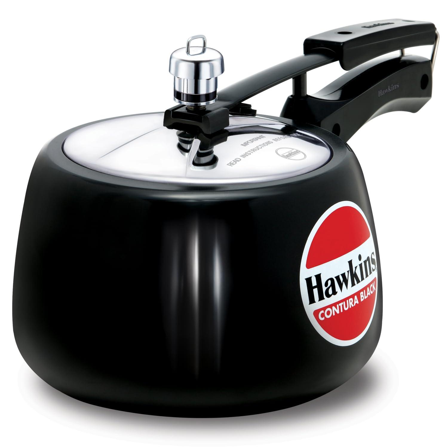 Hawkins 3L Hard Anodized Pressure Cooker: Aluminum, Locking Lid, Cool Touch Handle, Hand Wash, Black