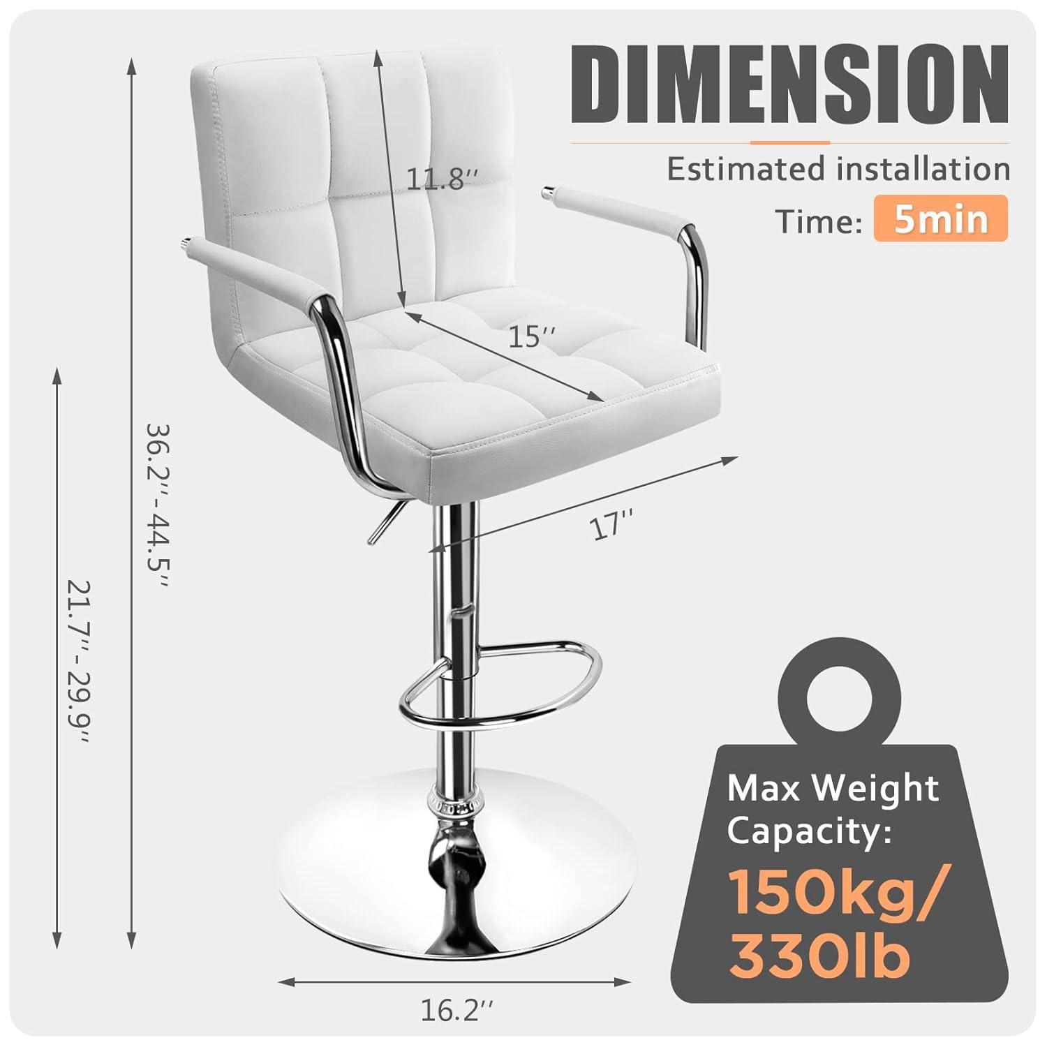 Luxvie Bar Stools Set of 2 with Back and Arms Swivel Bar Chairs Counter Height Barstools Adjustable Bar Chair for Home and Kitchen Counter(White/Silver, 2pcs)