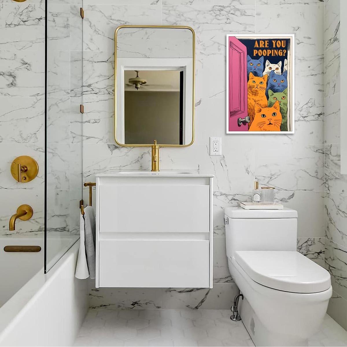 Funny Bathroom Cat Print Poster, Funky Are You Pooping Cat Sign Canvas Wall Art, Quirky Cats Witty Humor Pictures Artwork for Toilet Wall Decor 12x16in Unframed