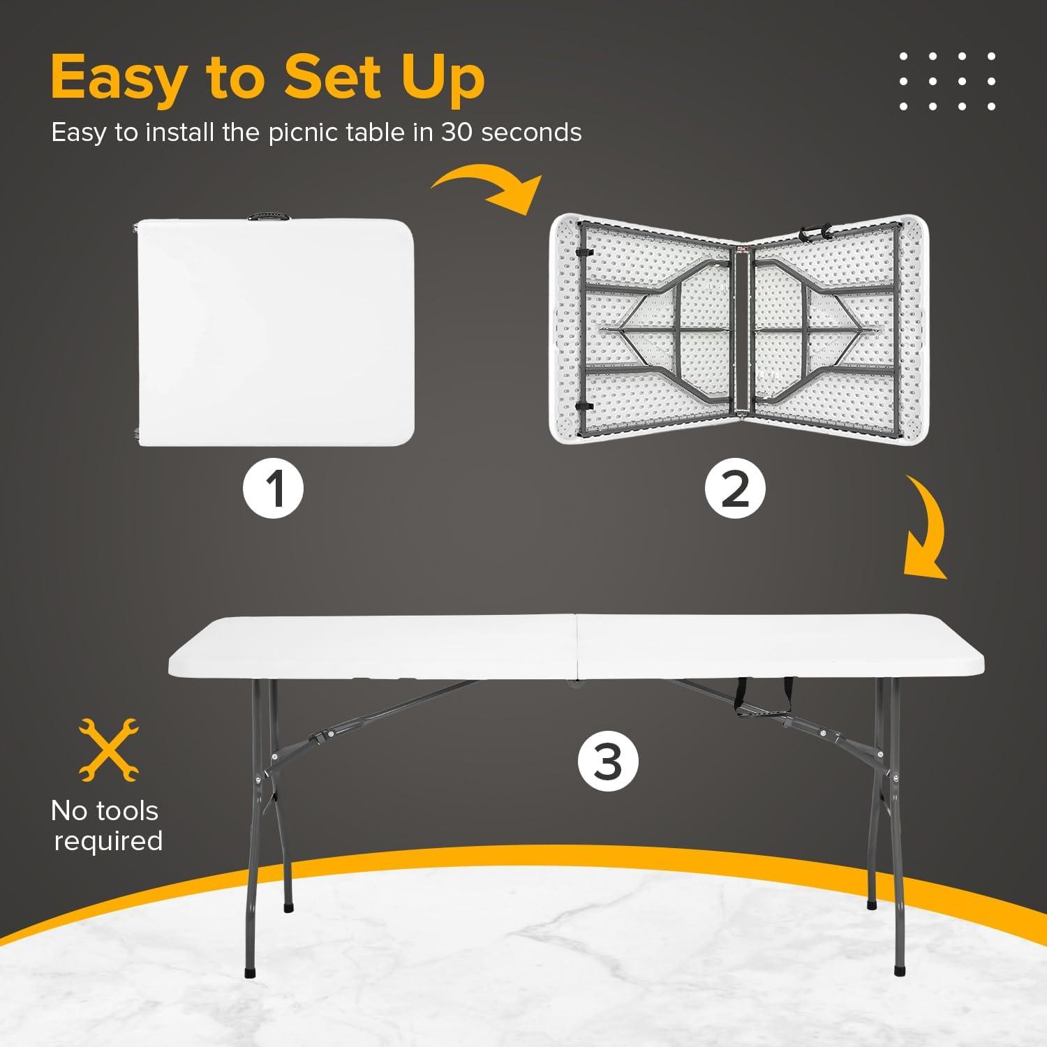 6 Foot Folding Table, Portable Plastic Dining Table, Fold-in-Half Heavy Duty Table Indoor Outdoor for Camping, Picnic, Party, BBQ, Wedding, White