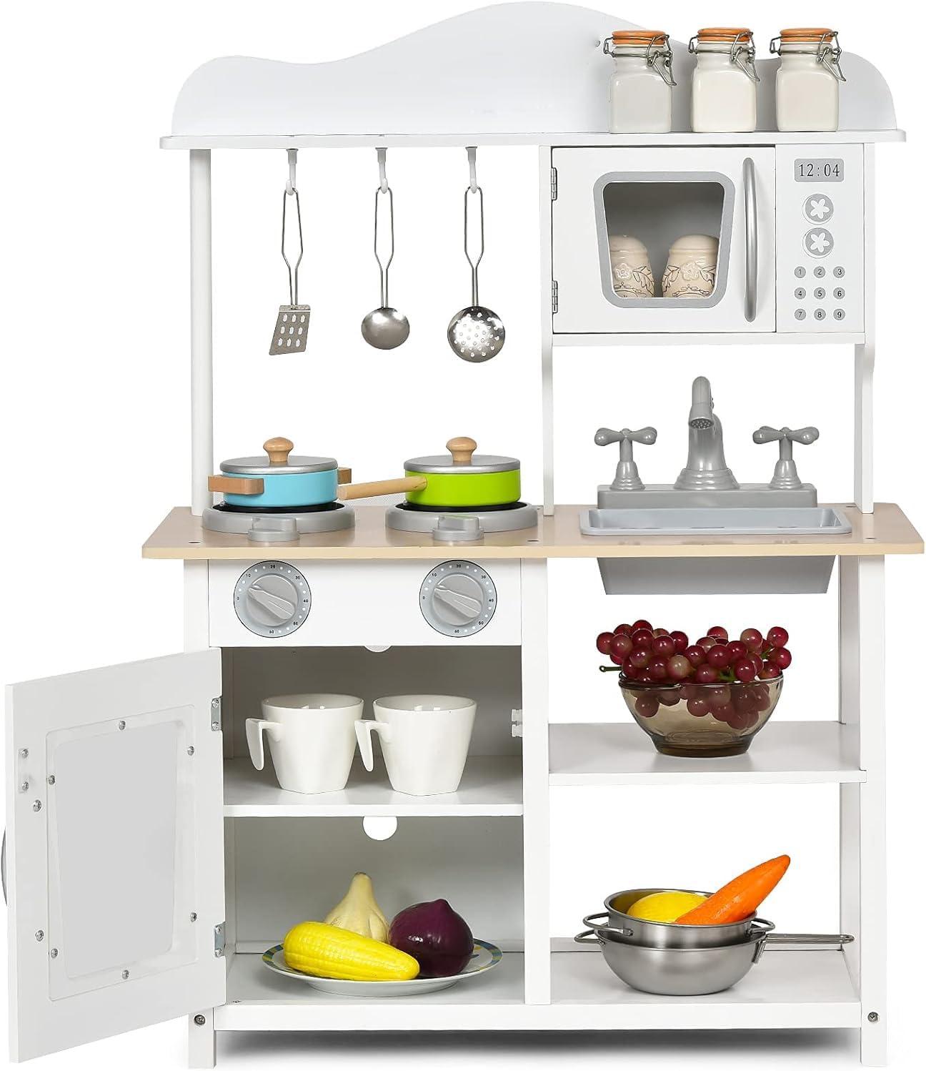 Costway Wooden Pretend Play Kitchen Set for Kids Toddlers w/ Accessories & Sink