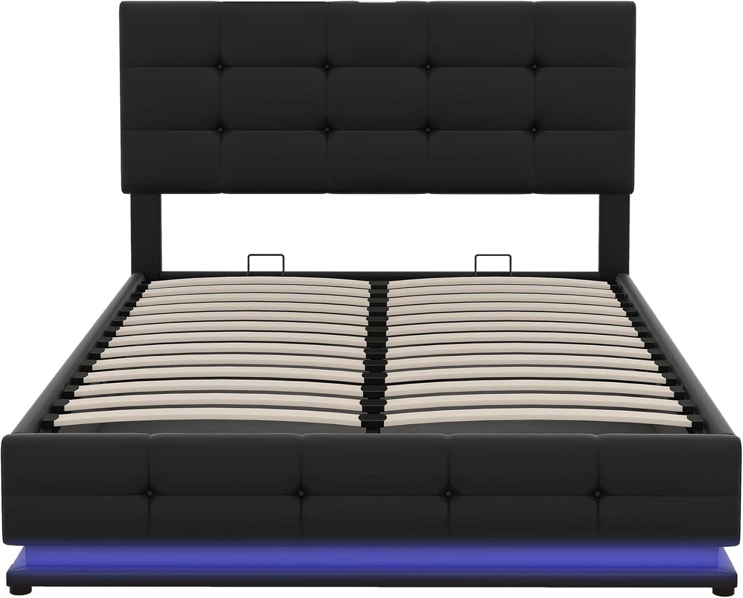 Black Faux Leather Full Bed with LED Lights and Storage