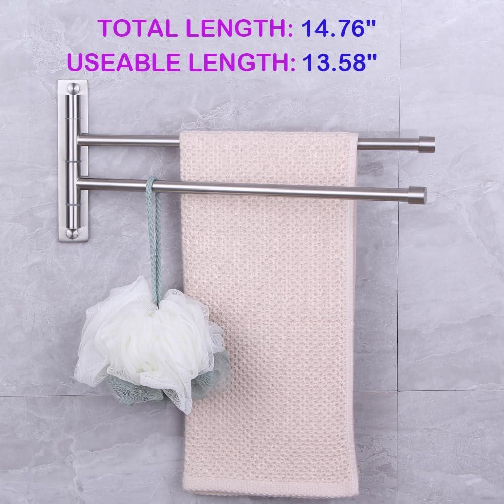 Stainless Steel Swing Out Towel Bar 2-Bar Folding Arm Swivel Hanger Bathroom Storage Organizer Rustproof Wall Mount Brushed Finish