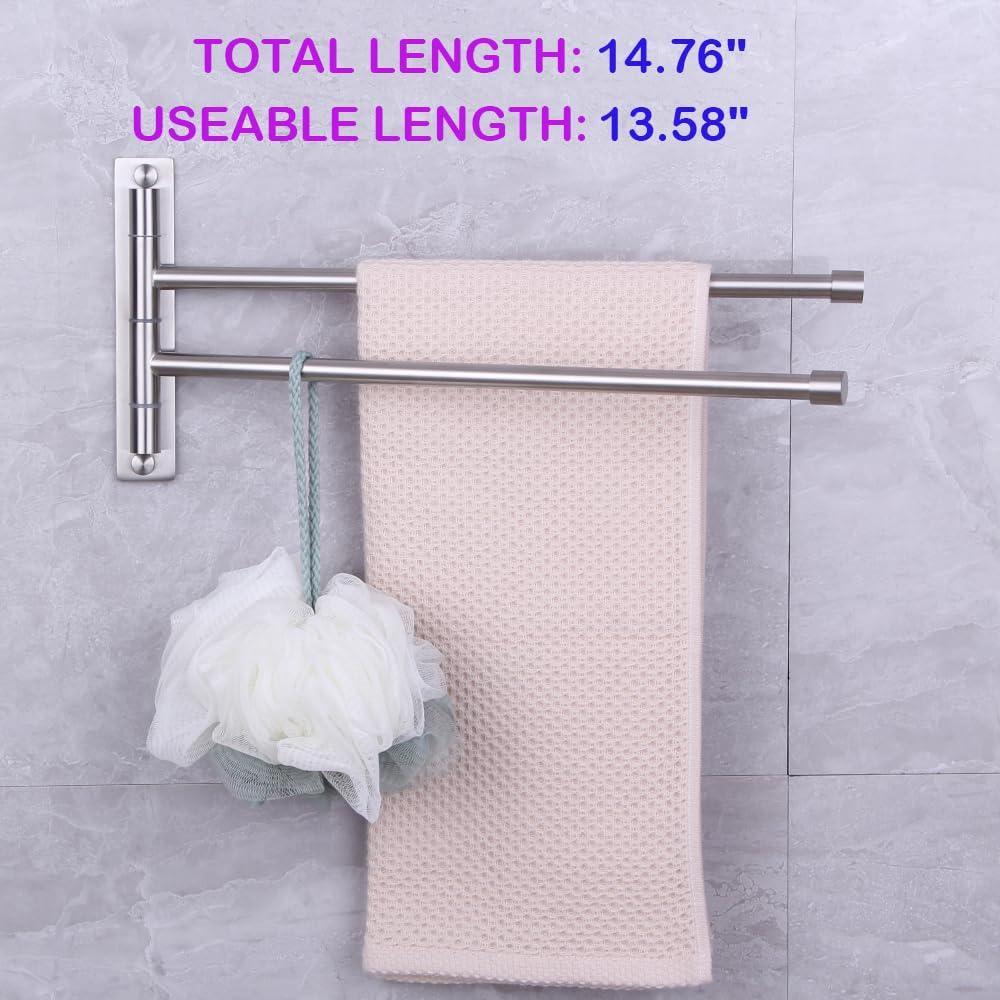 Stainless Steel Swing Out Towel Bar 2-Bar Folding Arm Swivel Hanger Bathroom Storage Organizer Rustproof Wall Mount Brushed Finish