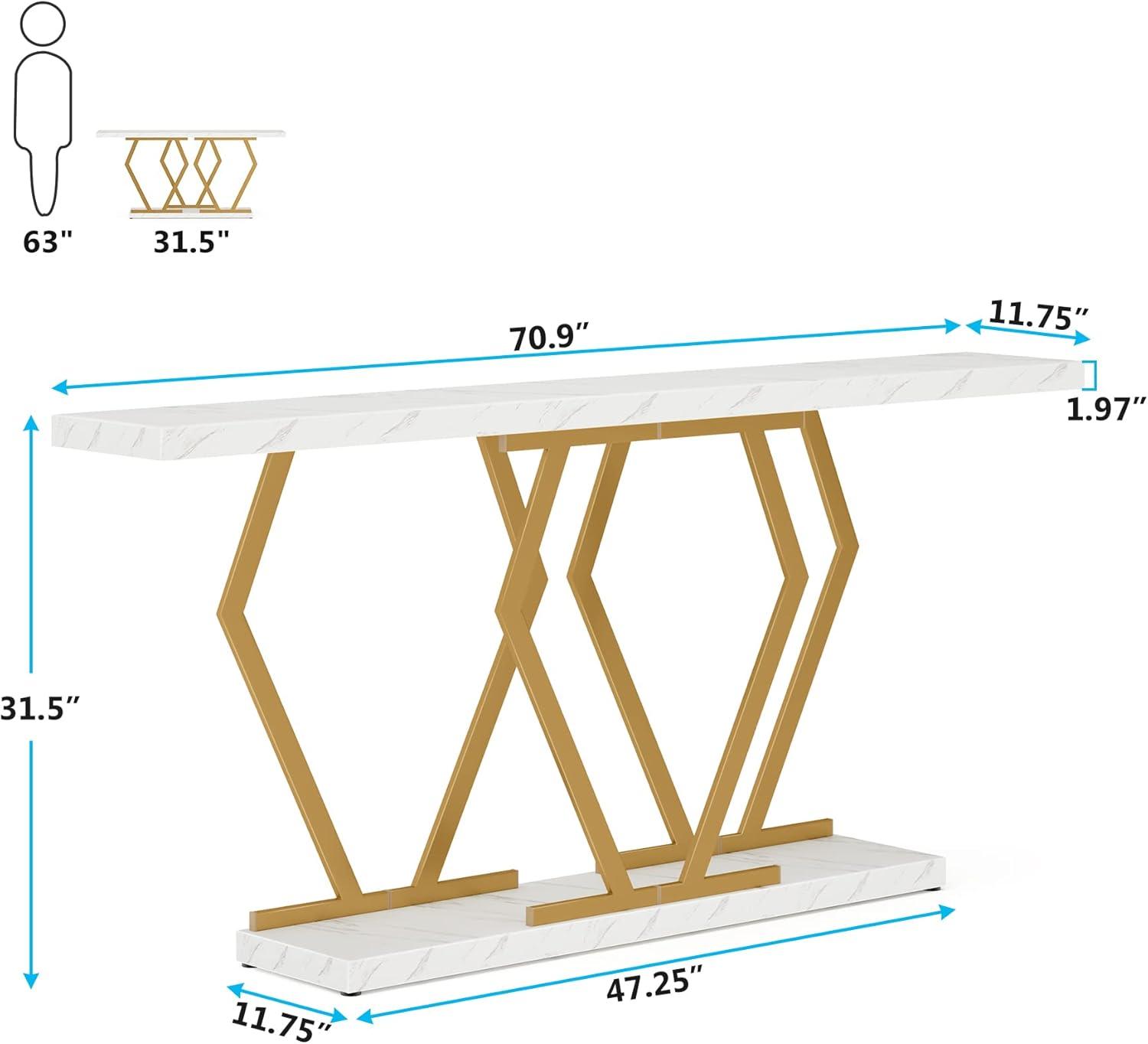 Modern Console Table, 70.9 Inch Extra Long Sofa Table with Faux Marble Tabletop Base Gold Frame for Living Room, White Gold White