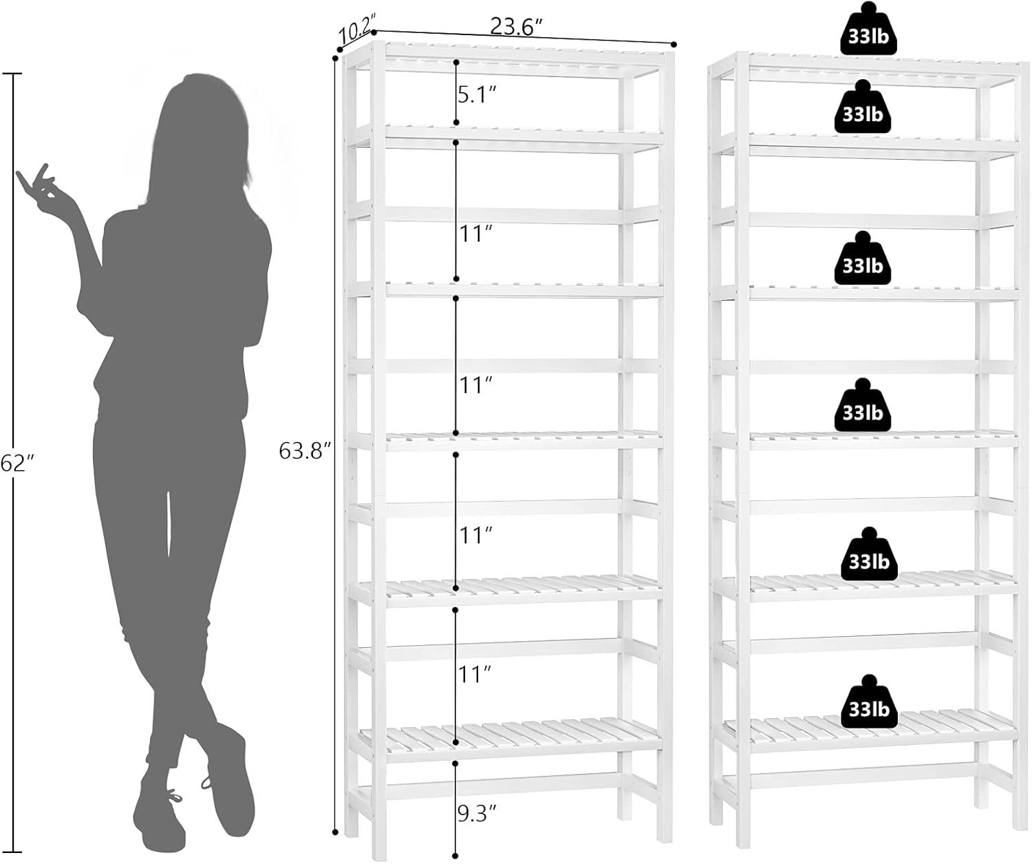 Bookshelf,6 Tier Bamboo Adjustable Bookshelves,Tall Bookcase Shelf Storage Organizer,Free Standing Storage Shelving Unit for Living Room,Bedroom,Bathrrom and Home Office,White