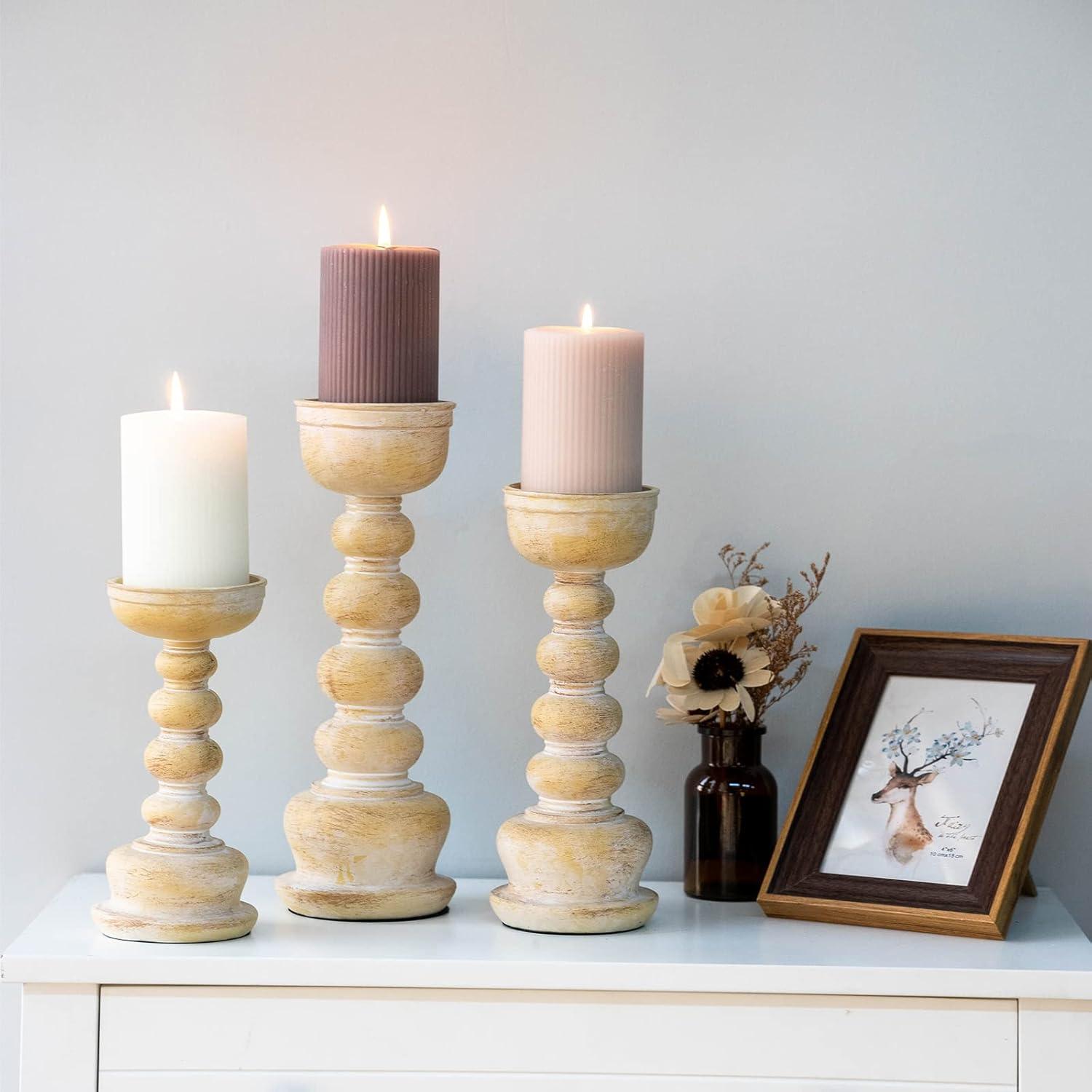 Rustic Light Wood Pillar Candle Holders Set of 3