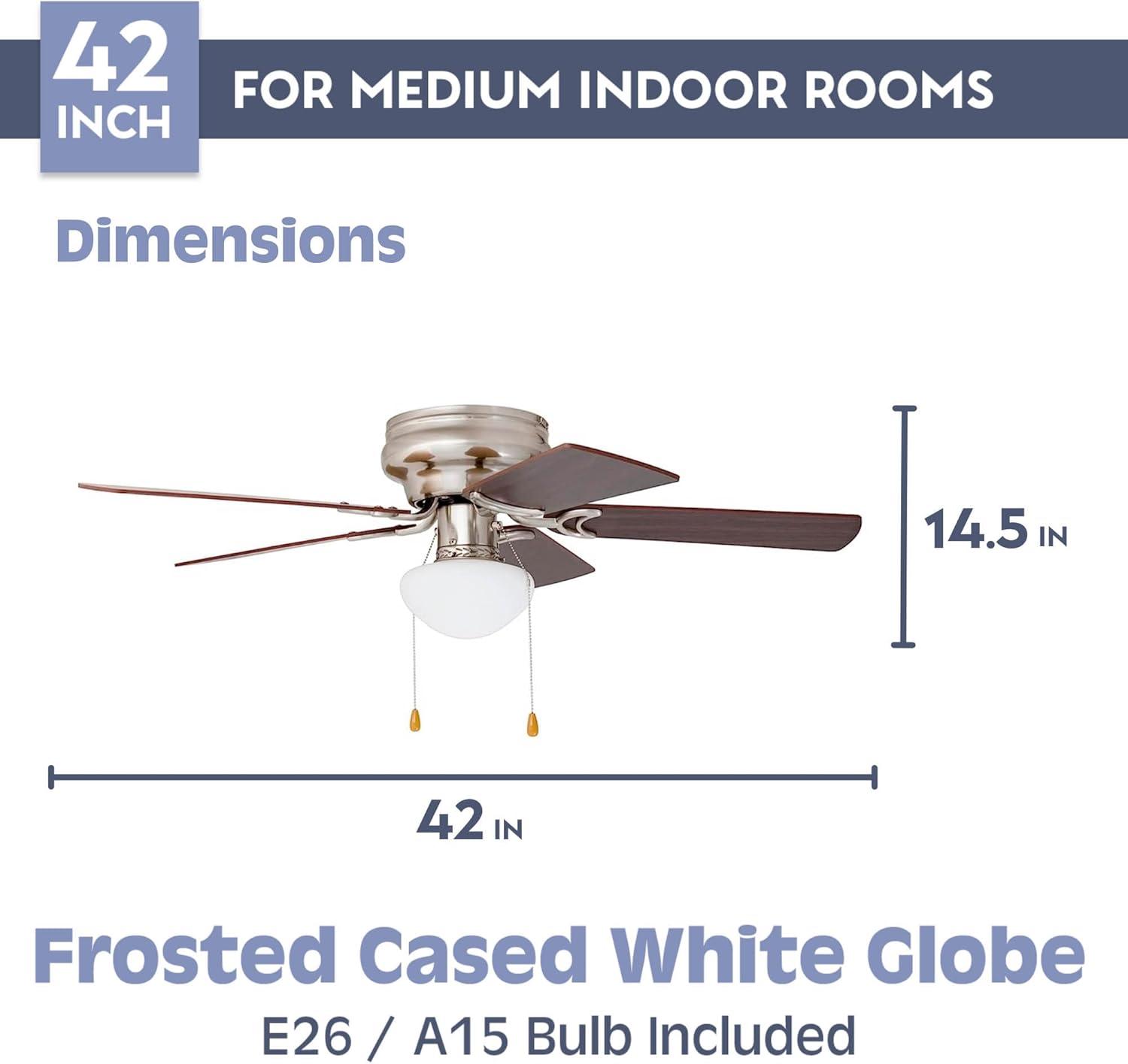 Prominence Home Alvina, 42 Inch Traditional Flush Mount Indoor LED Ceiling Fan with Light, Pull Chain, Dual Finish Blades, Reversible Motor - 80029-01 (Satin Nickel), 52