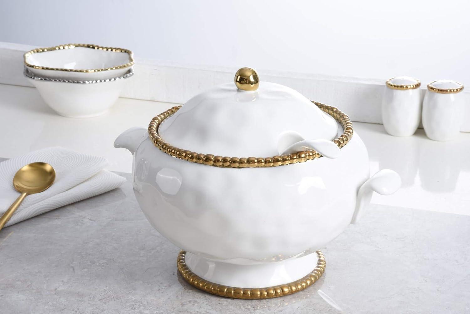 Pampa Bay Porcelain Soup Tureen and Ladle (White and Gold)