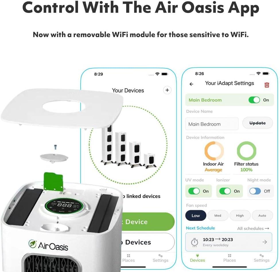 iAdaptAir 2.0 Medium 5-Stage True HEPA Filtration for Viruses, Mold, Dust, Smoke, Pollen & Odors with 2 year Filter Life, Ozone Free Bi-Polar Technology, WiFi Compatible, and up to, 2,650 Sq Ft of Clean Air.