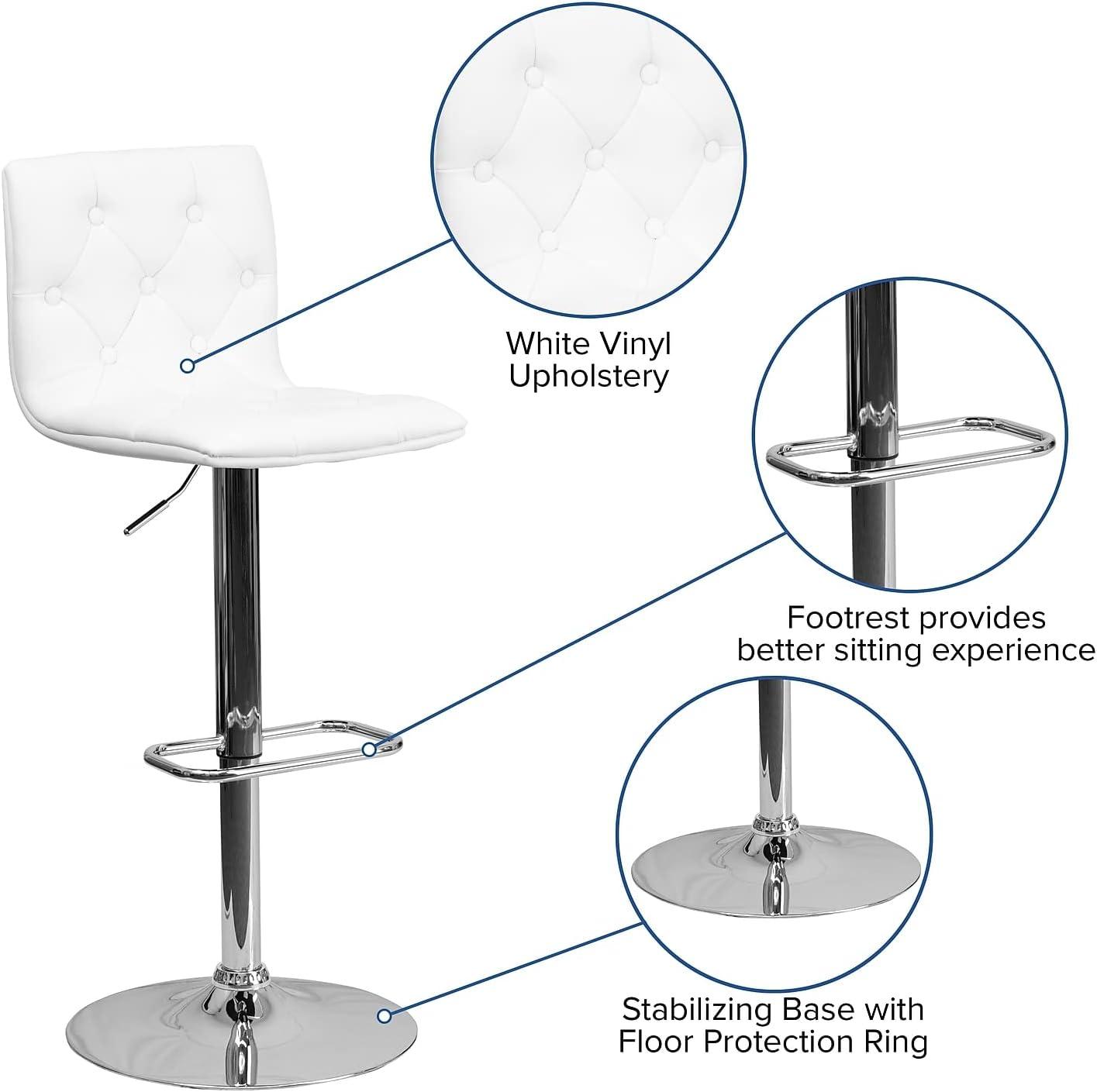 Flash Furniture Sammie Contemporary Button Tufted White Vinyl Adjustable Height Barstool with Chrome Base