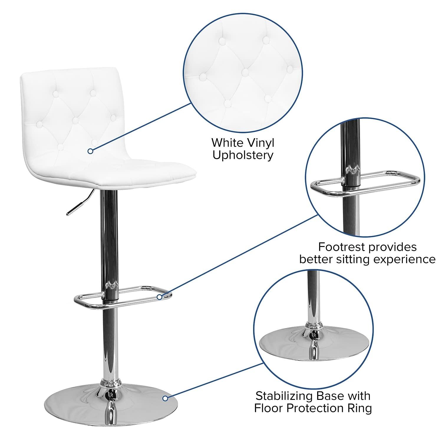 Flash Furniture Sammie Contemporary Button Tufted White Vinyl Adjustable Height Barstool with Chrome Base