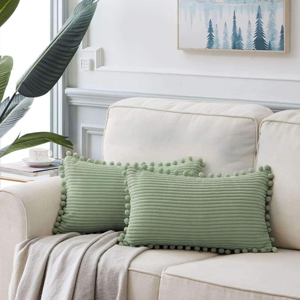 Sage Green Corduroy Lumbar Pillow Covers with Stripes - Set of 2