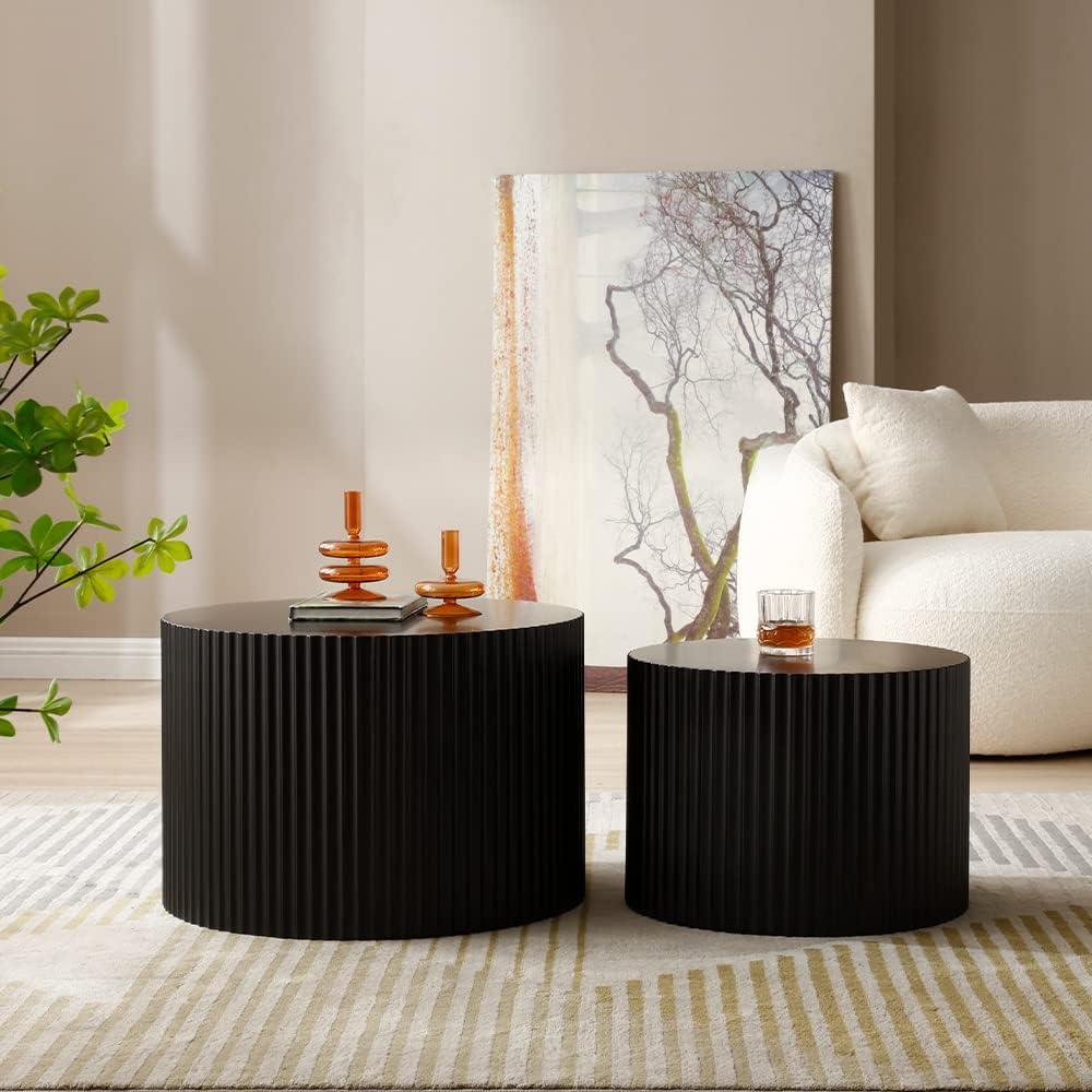 WILLIAMSPACE Nesting Coffee Table Set of 2, Matte Black Round Wooden Coffee Tables, Modern Luxury Side Tables Accent End Table for Living Room Apartment