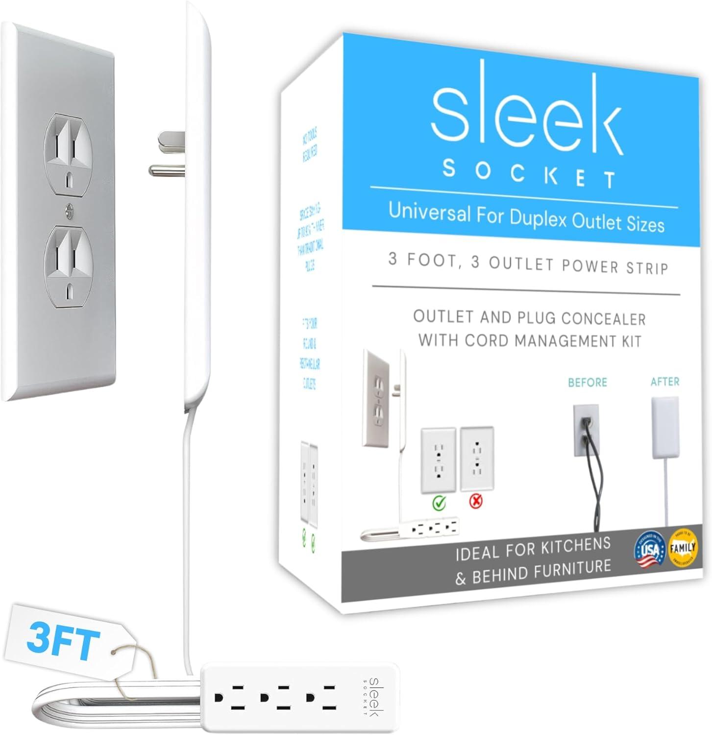 Sleek Socket Wall Outlet Concealer with 3 ft. Extension Cord for Cable Management