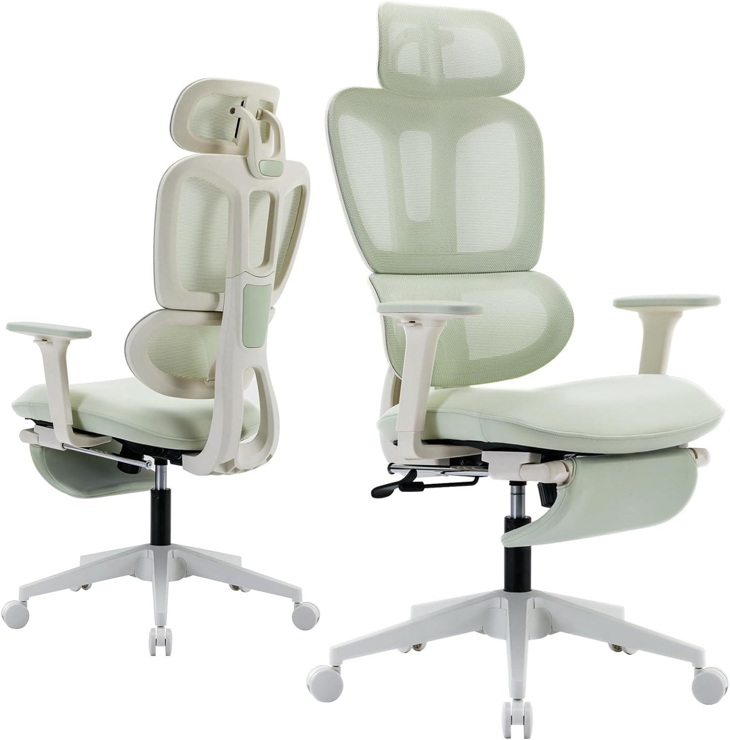Hforesty Ergonomic Mesh Office Chair, Swivel Computer Chair with 3D Lumbar Support, High Back Desk Chair with Footrest, Headrest and 2D Armrests,300lbs, Green