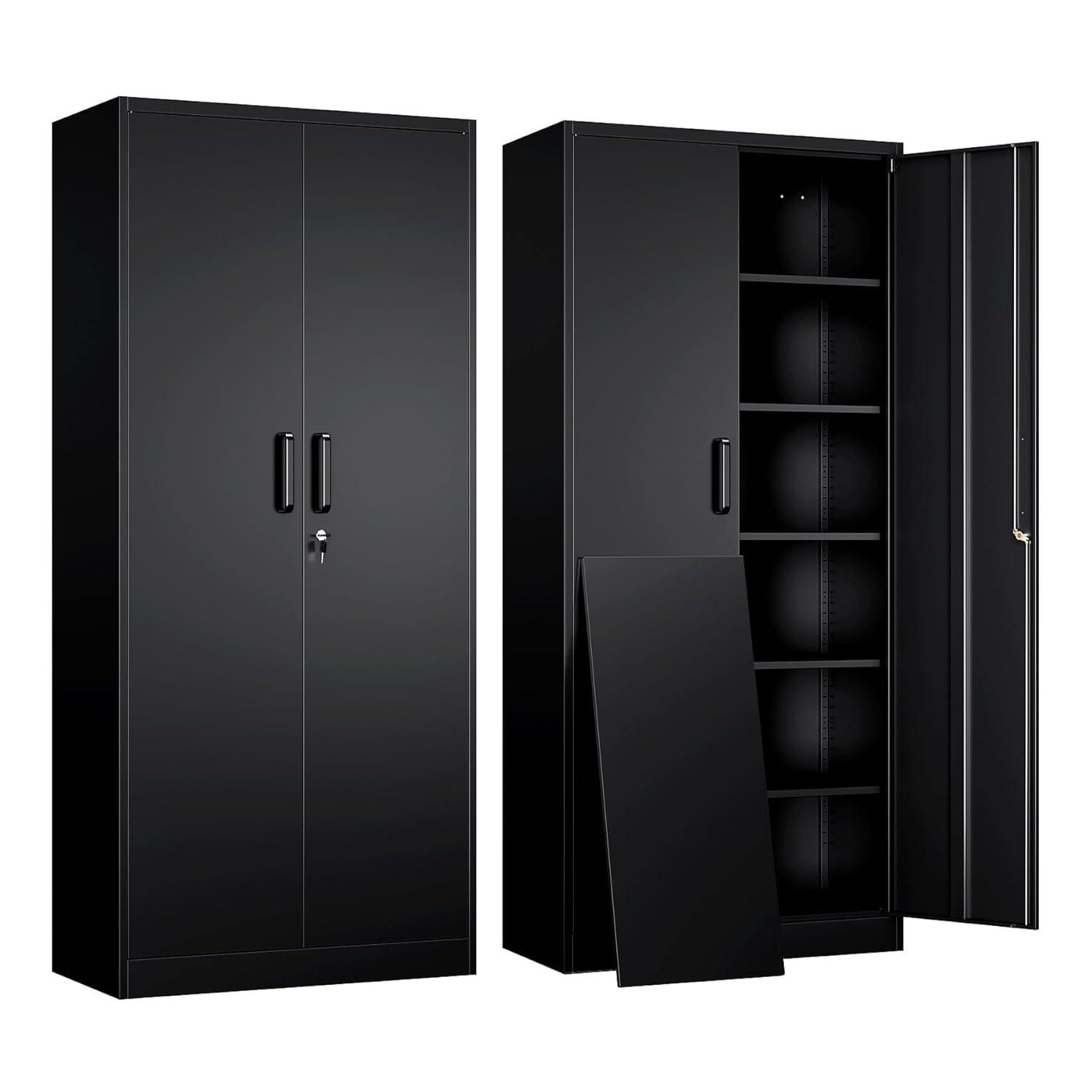 Metal Storage Cabinets with Lock, 71" Garage Storage Cabinet with 2 Door and 5 Adjustable Shelves, Steel Lockable Tool Cabinets for Home, Office, Gym, Garage