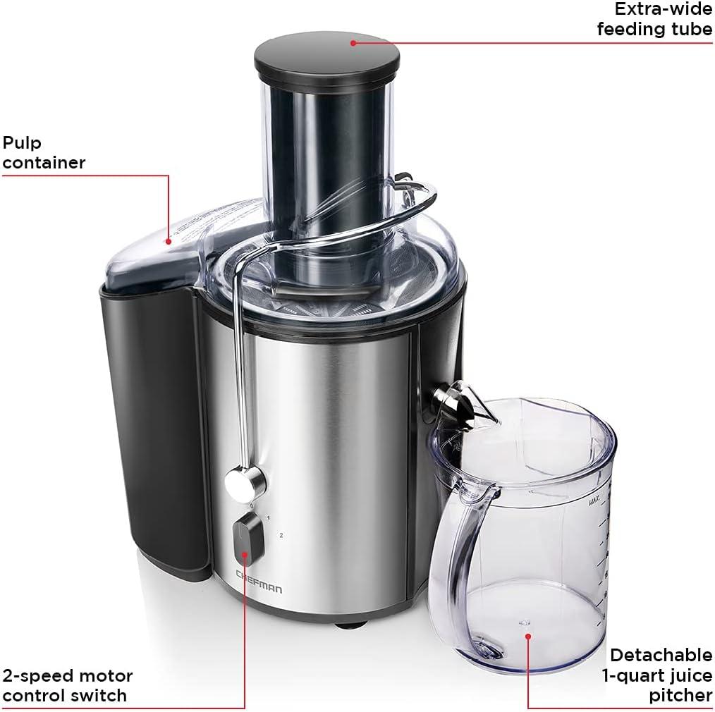 Chefman Stainless Steel Dual-Speed Electric Juicer with Extra-Wide Feeding Tube