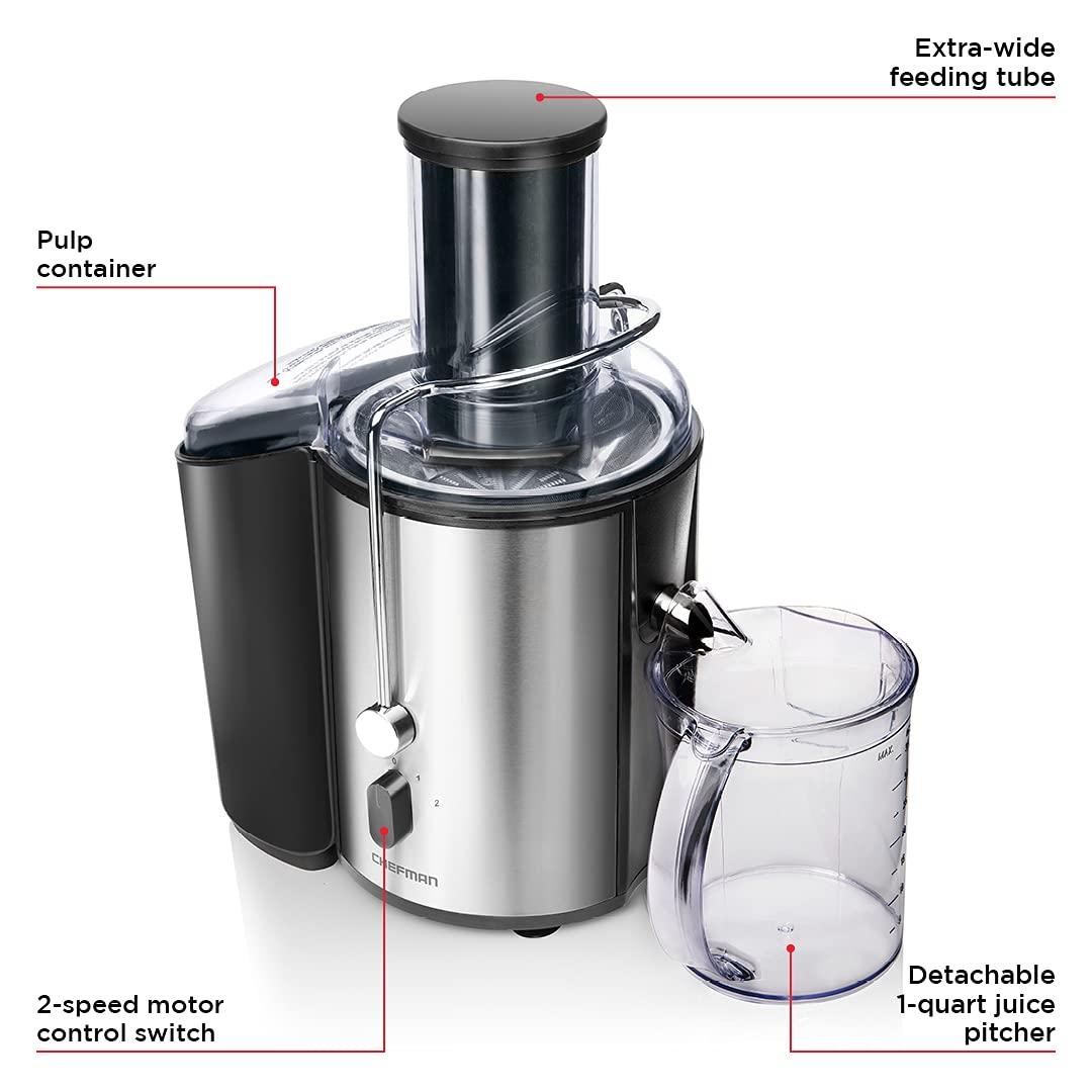 Chefman Stainless Steel Dual-Speed Electric Juicer with Extra-Wide Feeding Tube