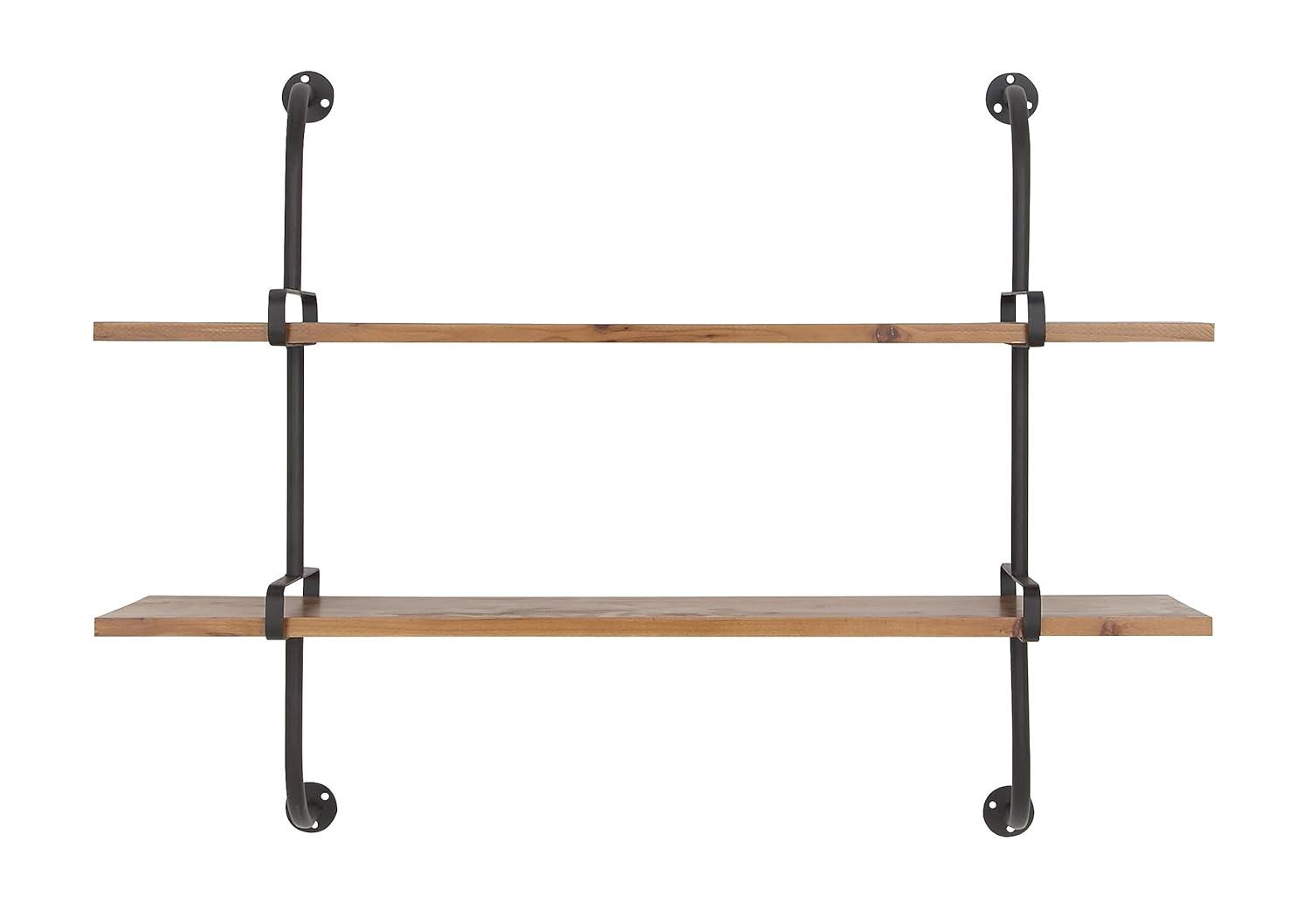 Brown Iron and Fir Wood 2-Tier Wall Shelf, 37" x 29"