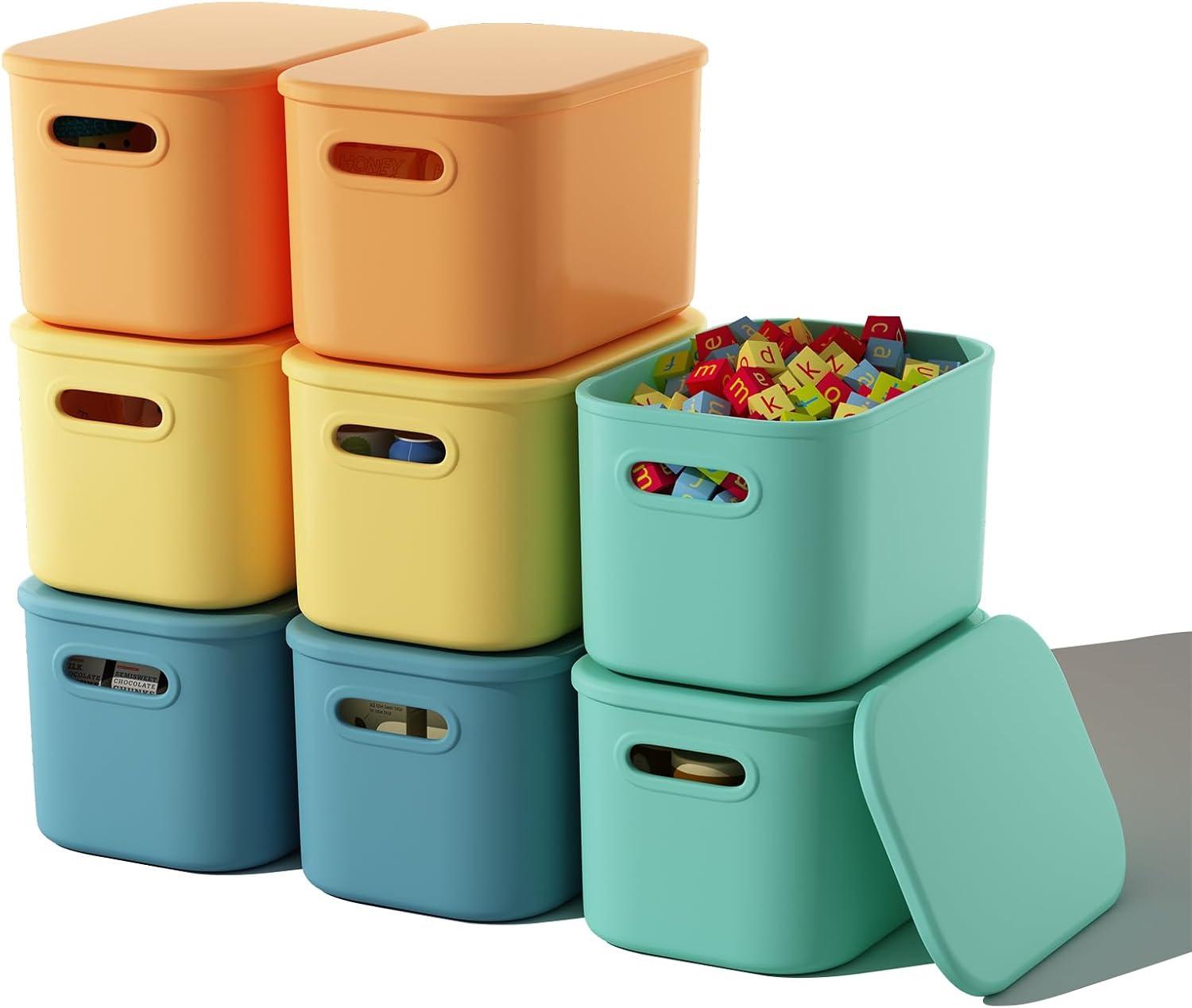 8 Pieces Colorful Storage Bins with Lid and Handle, Plastic Stackable Baskets Desktop Cube Box Cubby Bins Containers for Shelf Cabinet Bedroom Office (Multi-colored,14.2 x 10.2 x 9.5 Inch)