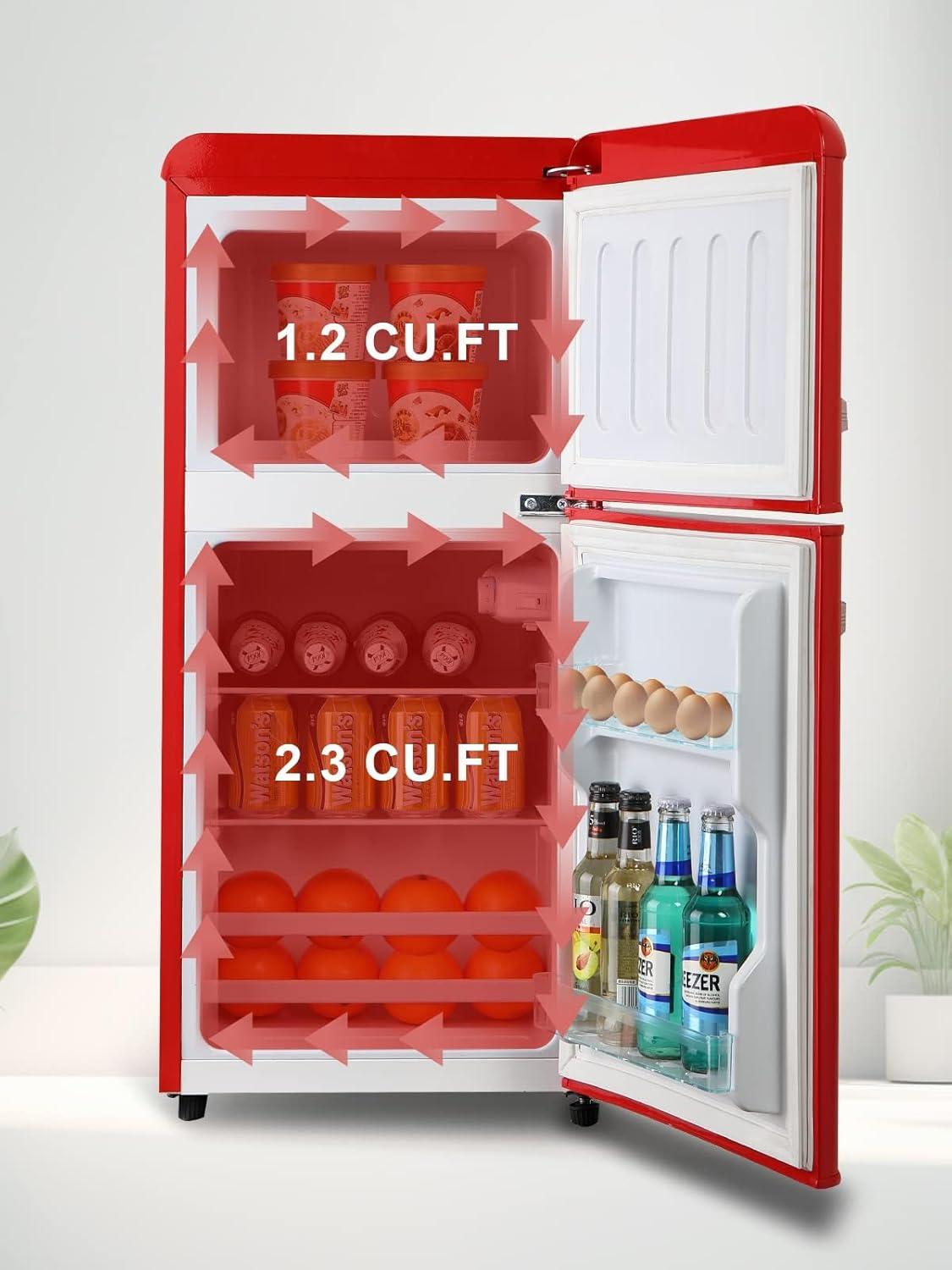 Krib Bling 3.5Cu.ft Compact Refrigerator with 7 Level Thermostat, Mini Fridge with Freezer, 2 Door Portable Fridge with Removable Glass Shelves, Suitable for Kitchen, Apartment, Dorm, Bar Red